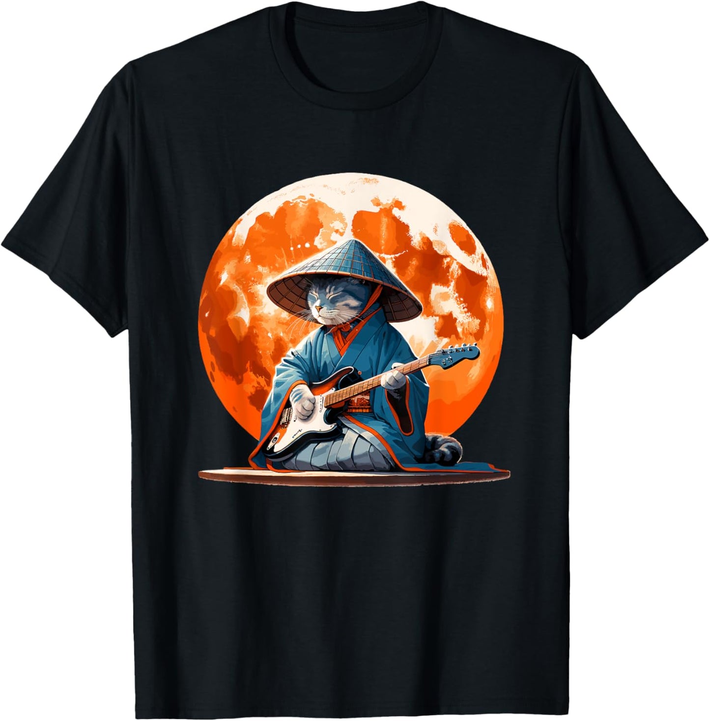 Japanese Samurai Cat With Electric Guitar, Kimono Cat Guitar T-Shirt