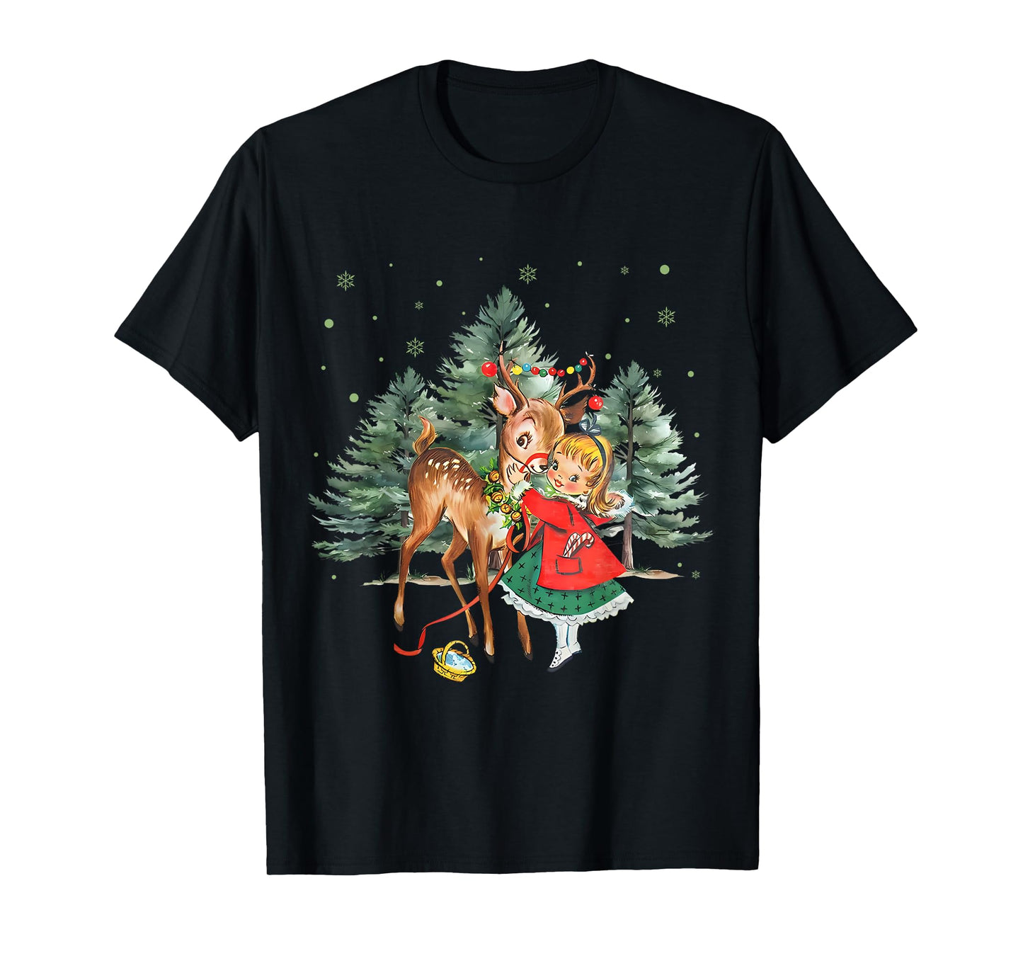 Vintage Girl and Reindeer Retro 1950's Christmas T-Shirt