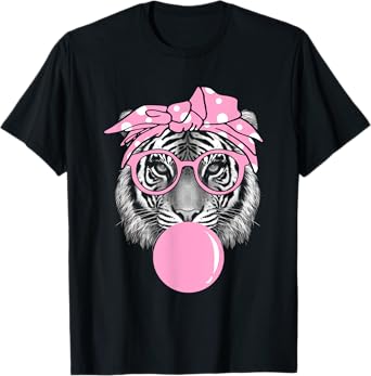 Funny Pink Tiger For Girl Glasses & Pink Bubble Gum T-Shirt