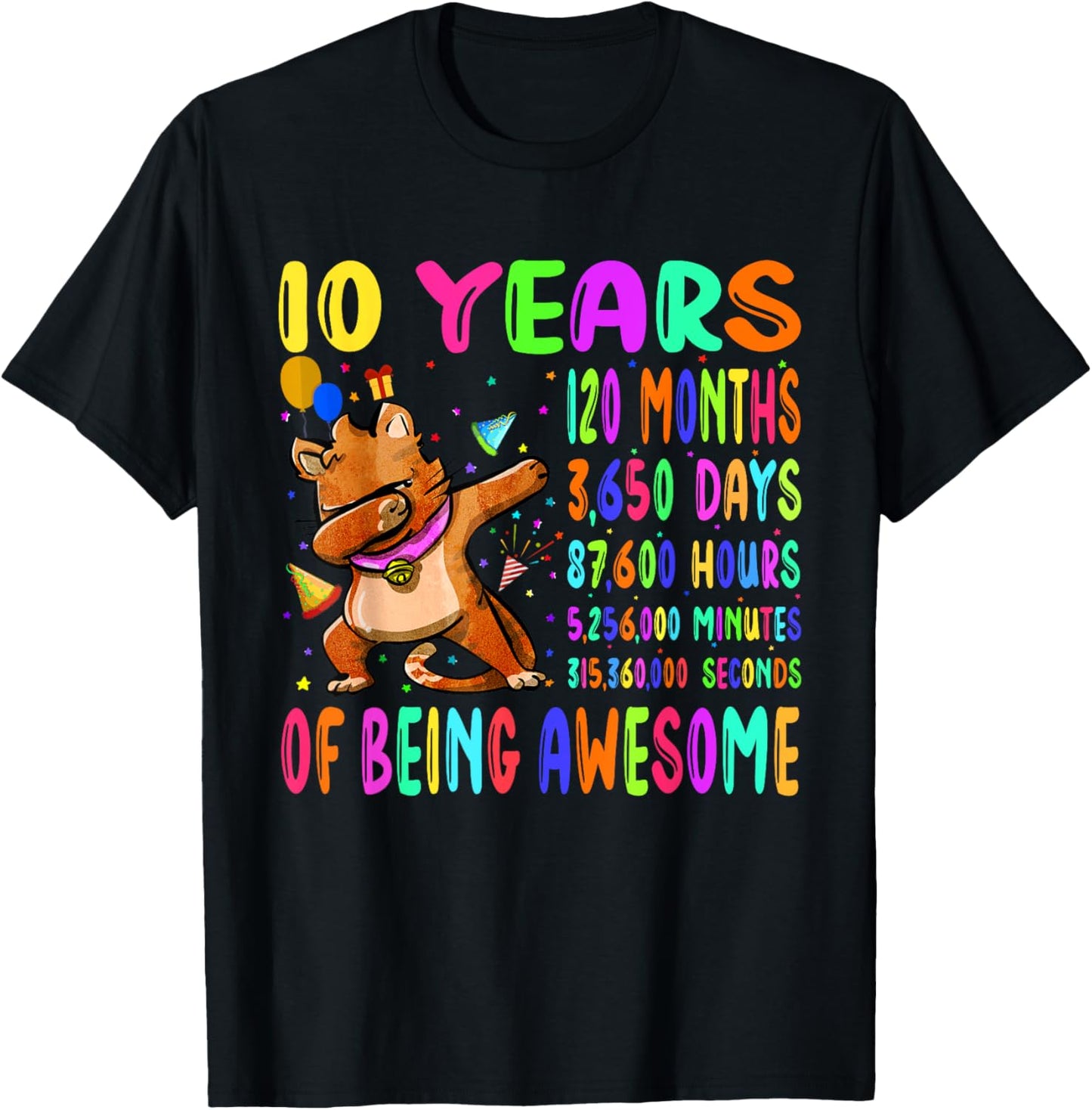 Dabbing Cat 10 Years 120 Months Boy Girl 10th Birthday Party T-Shirt