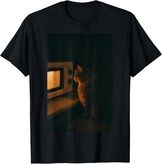 Cat Watching The Microwave Meal Funny Meme T-Shirt