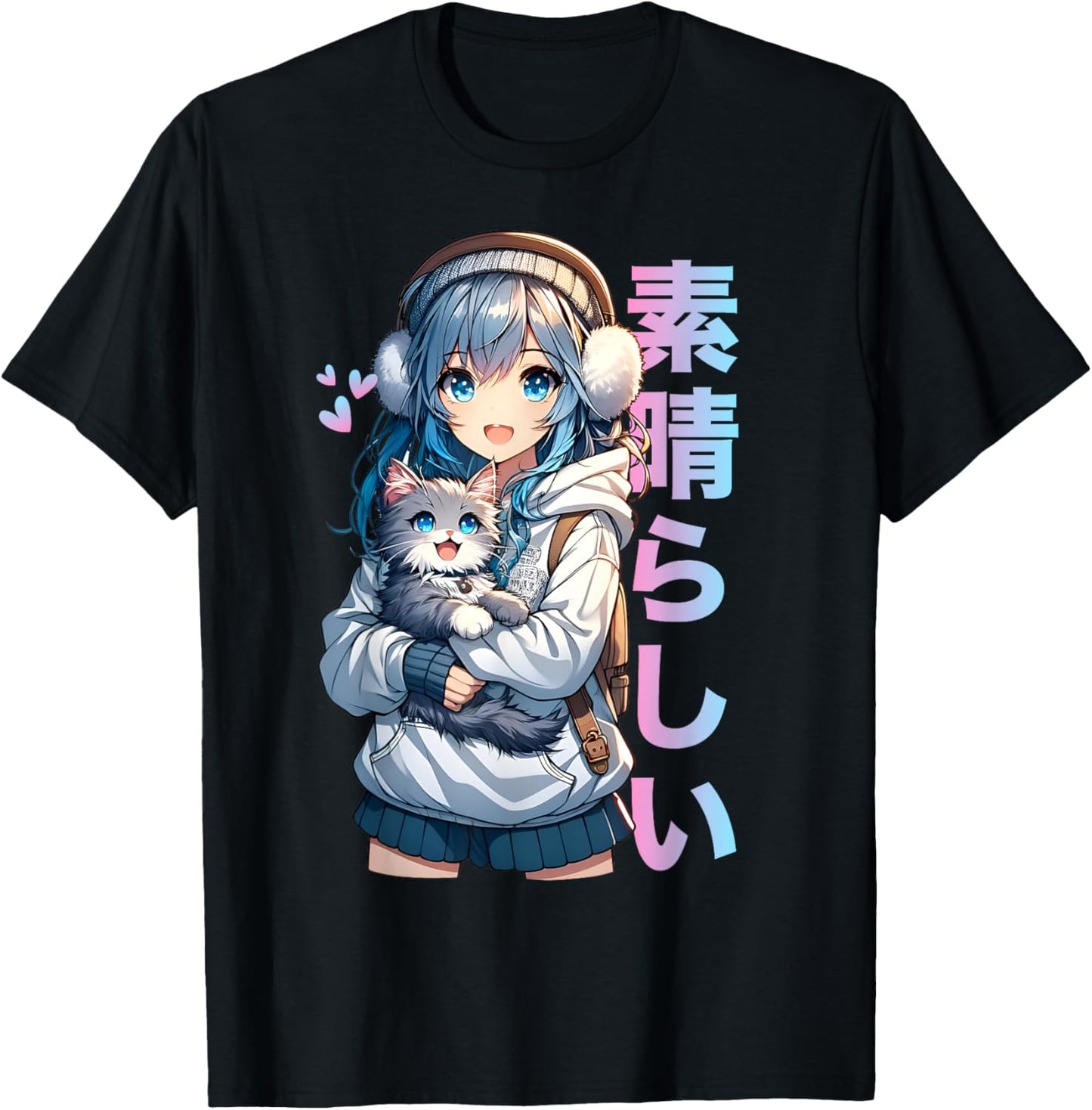 Cute Anime Girl with a Cat for Cat Lover Kawaii Otaku Manga T-Shirt