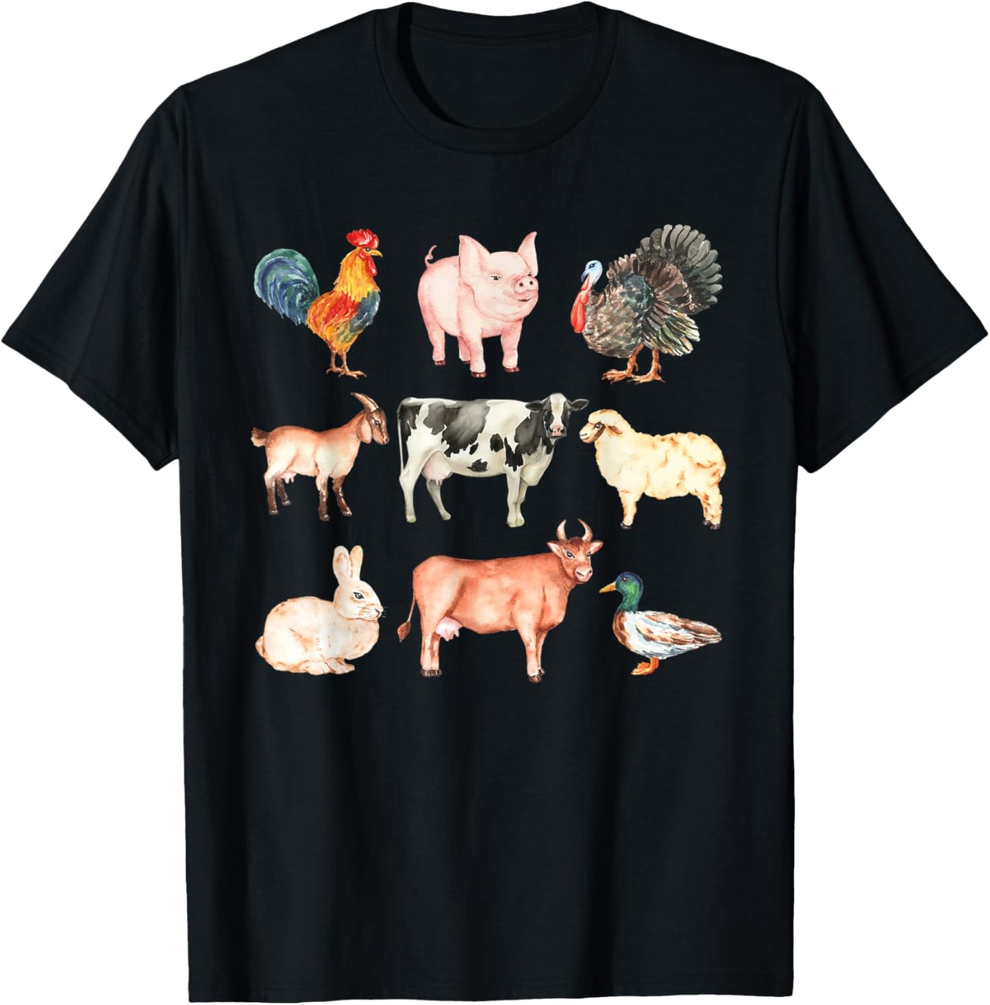 Cute Farm Animals Cow Pig Chicken Rabbit Duck Sheep and Goat T-Shirt