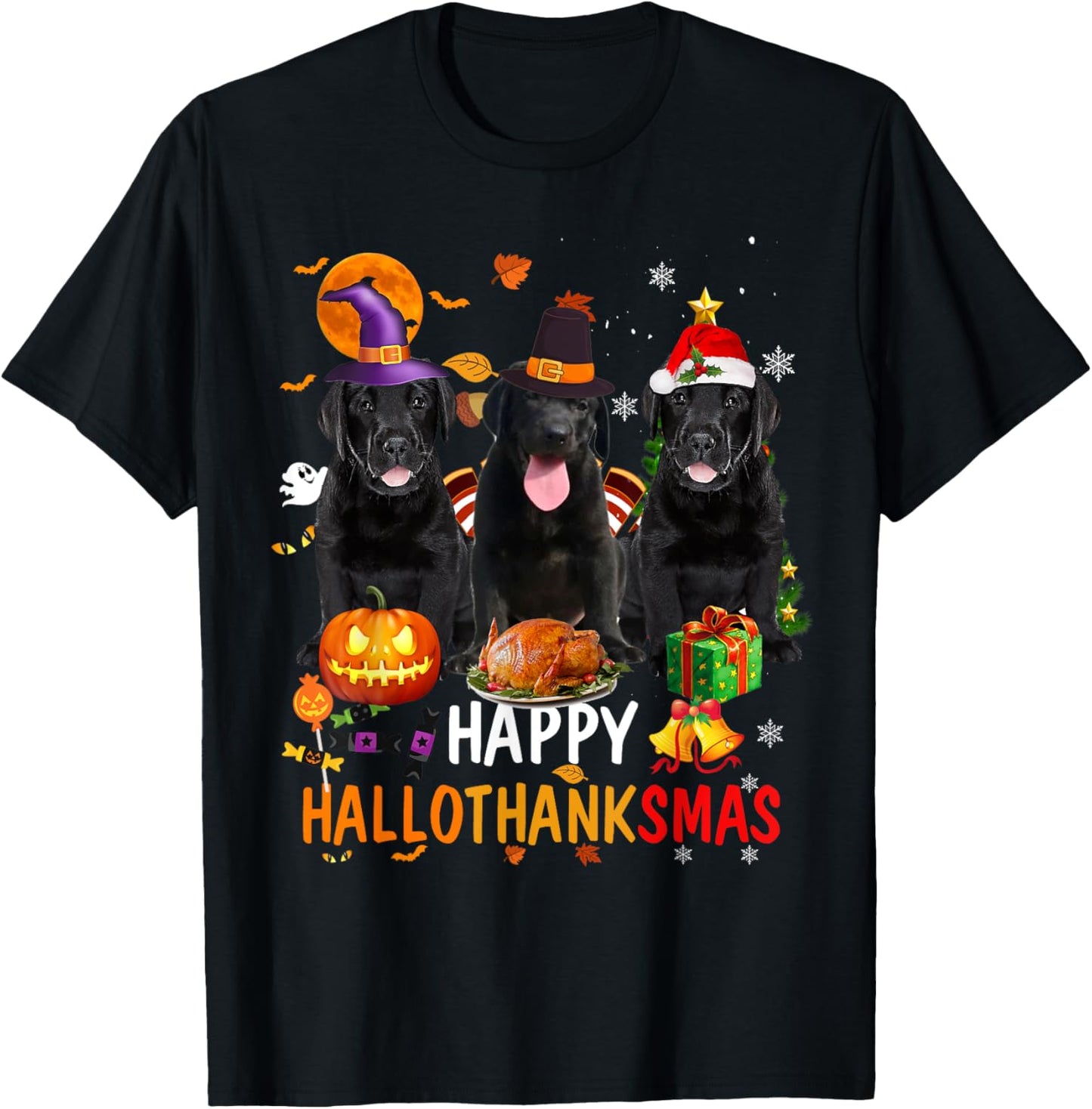 Happy Hallothanksmas Funny Black Lab Halloween Thanks Xmas T-Shirt