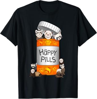 BestTeeForYou Ferret Happy Pills Unisex Adult Black Cartoon T-Shirt