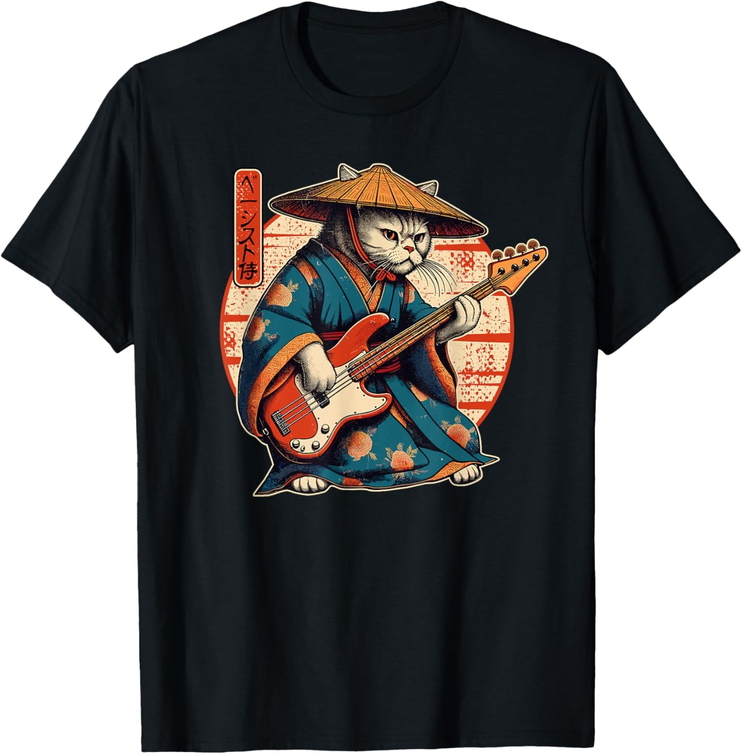 Japanese Samurai Cat Playing The Bass T-Shirt