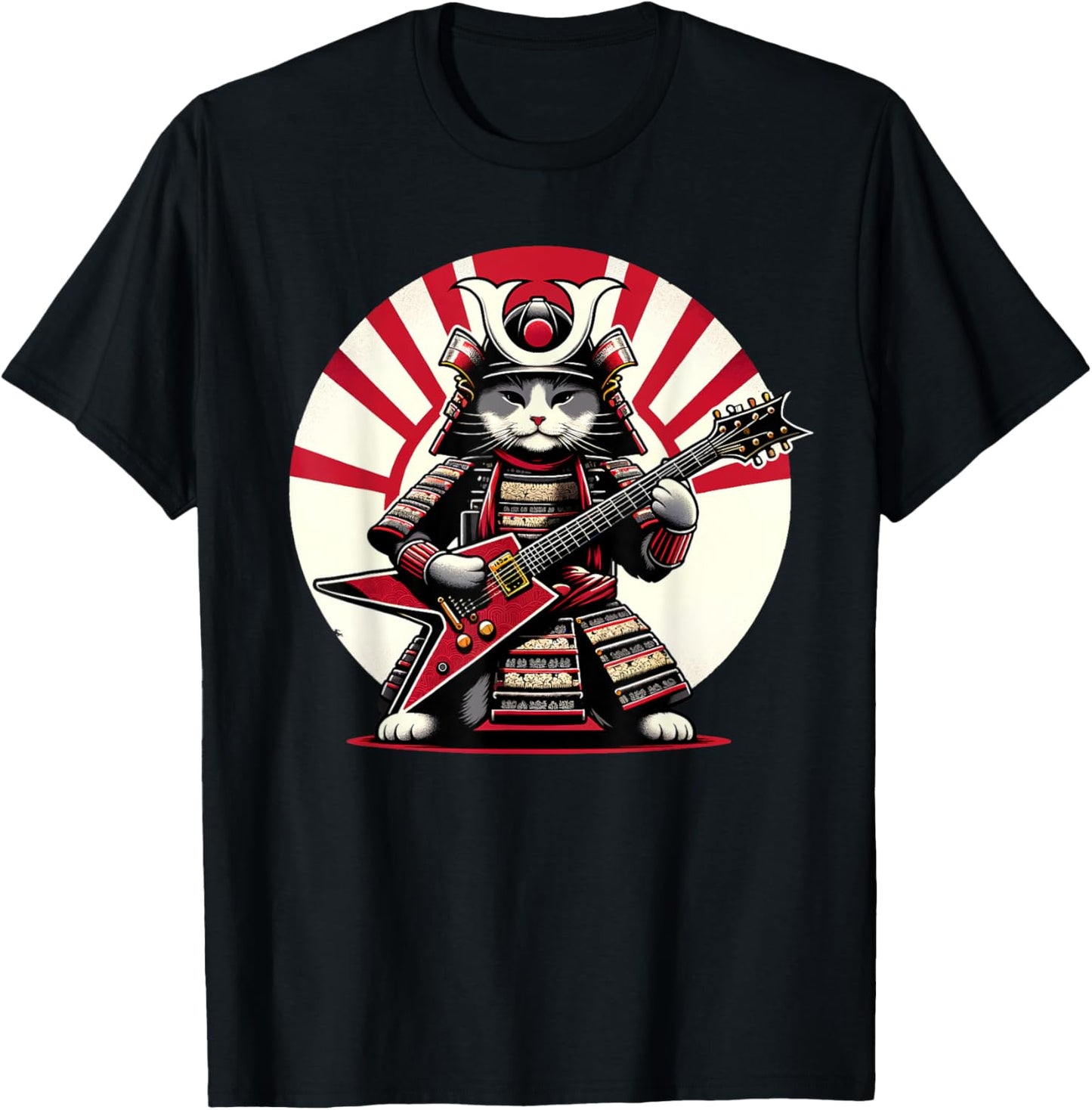 Japanese Samurai Cat Playing Electric Guitar Player T-Shirt