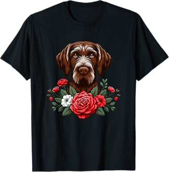 Roses Flowers German Wirehaired Pointer T-Shirt