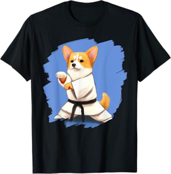Corgi Doing Karate Kick Black Belt Martial Arts Dog T-Shirt