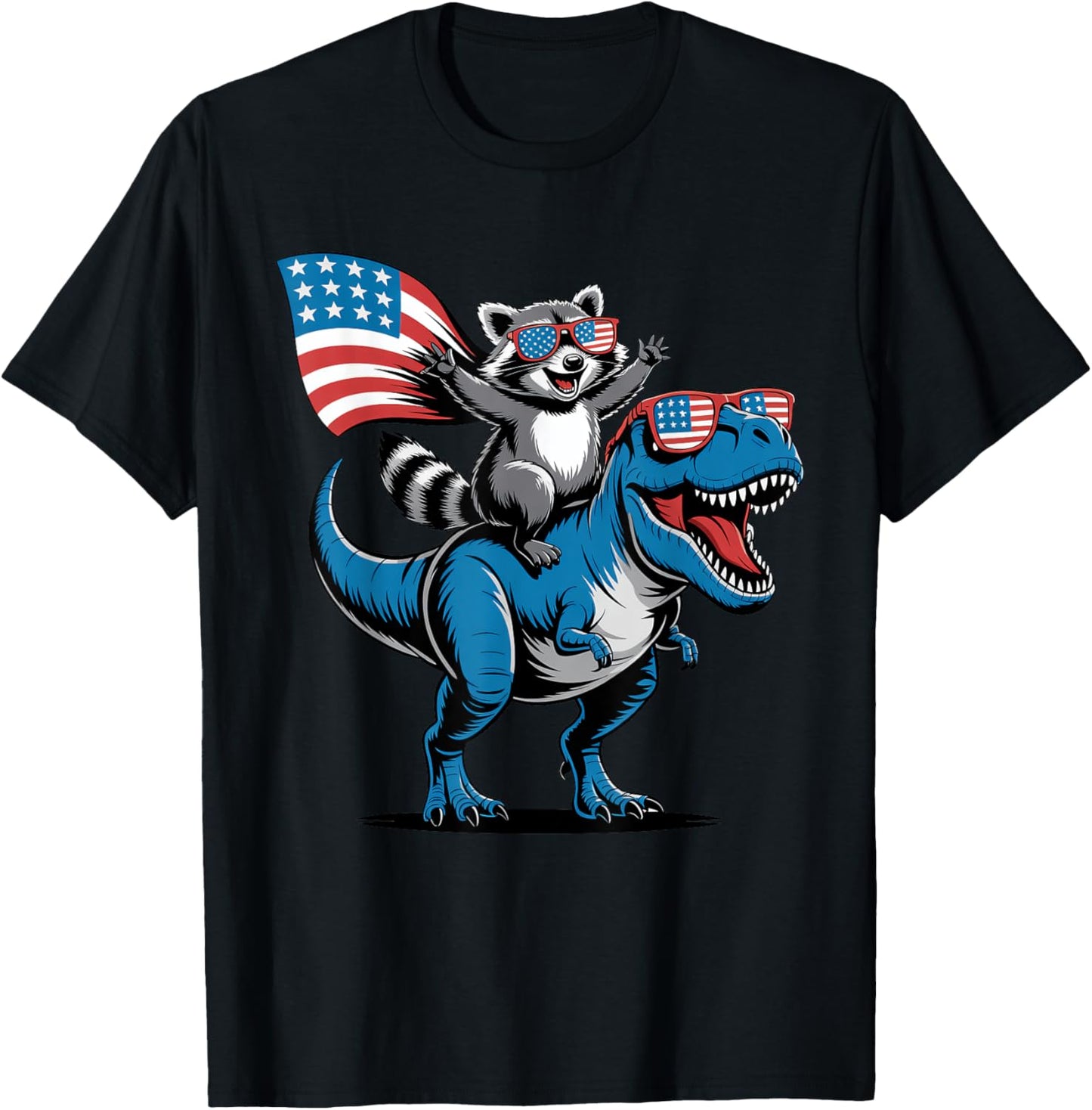Raccoon Riding Dinosaur American Flag 4th Of July Merica T-Shirt