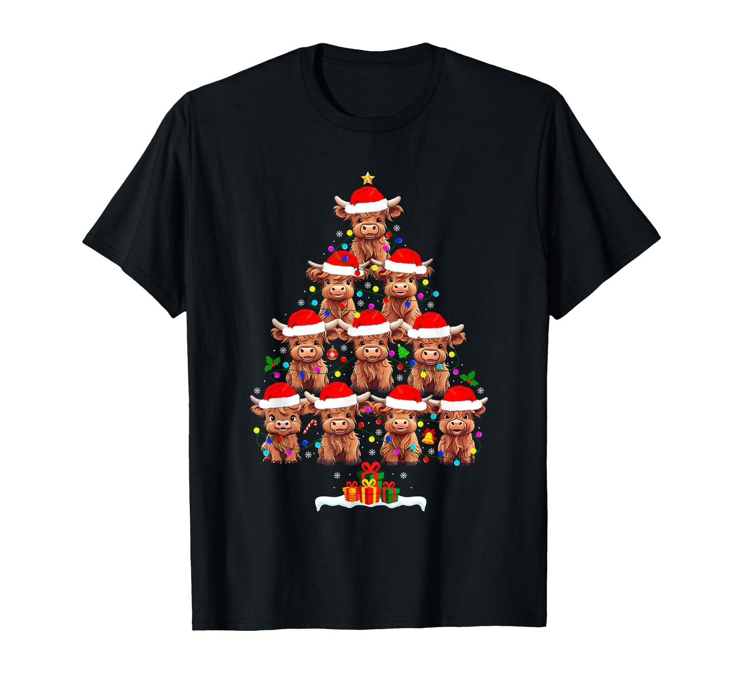 Scottish Highland Cow Christmas Tree Lights Xmas Pajamas T-Shirt