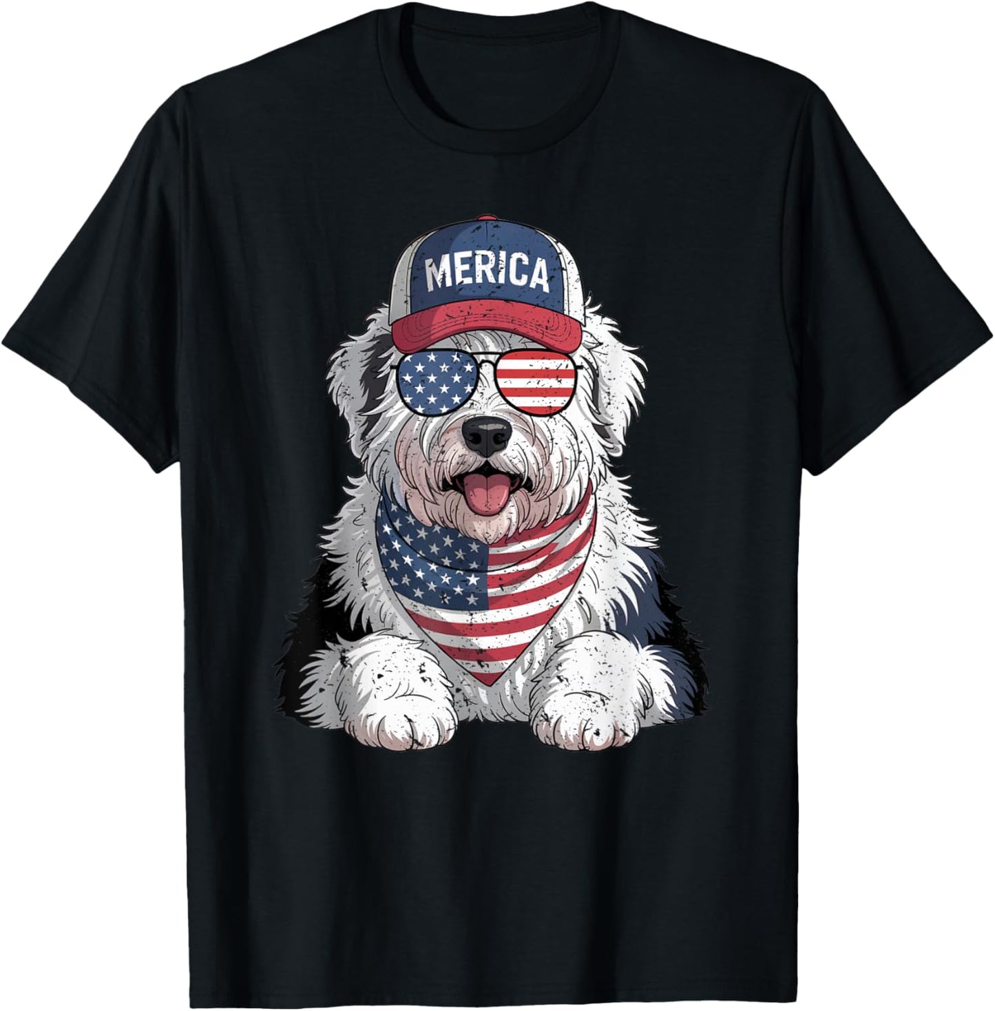 Old English Sheepdog 4th of July US American Flag Patriotic T-Shirt