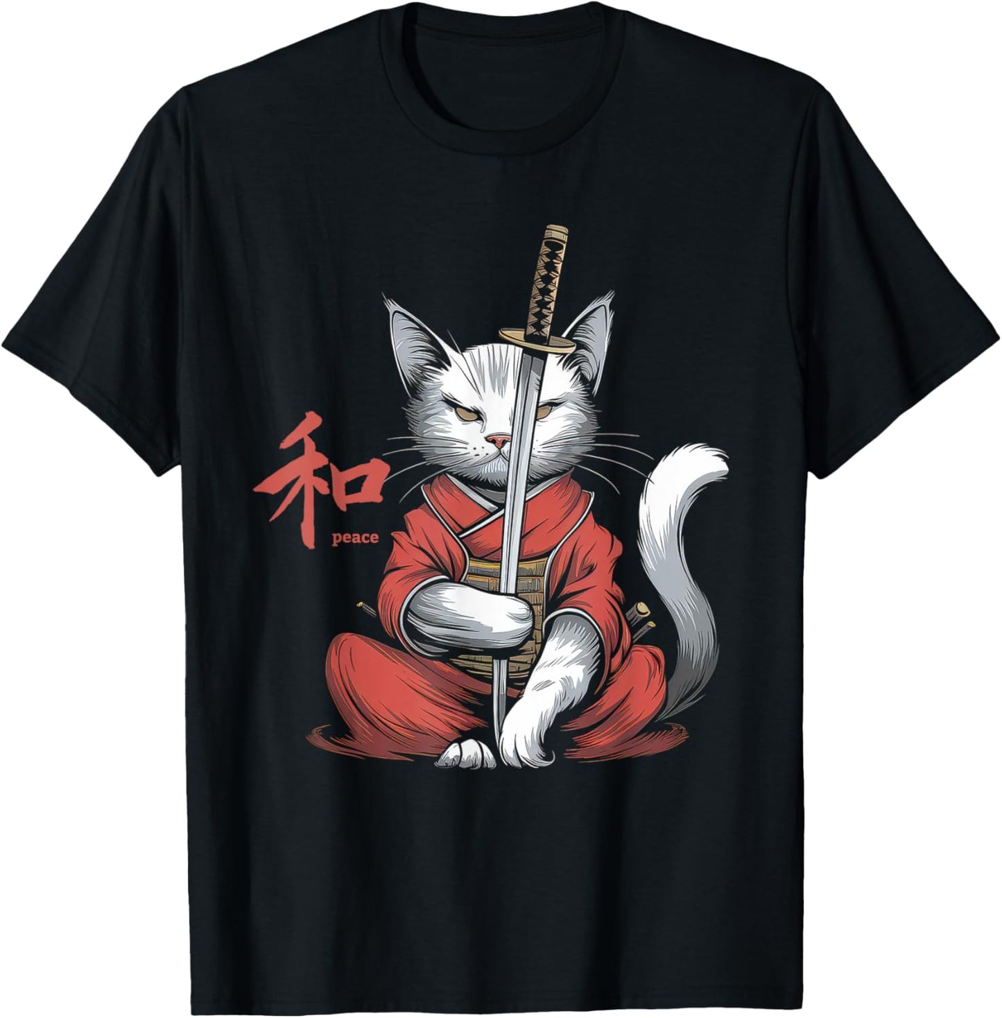 Samurai Cat Vintage Ukiyo-e Warrior Kanji Japan Anime Ink T-Shirt