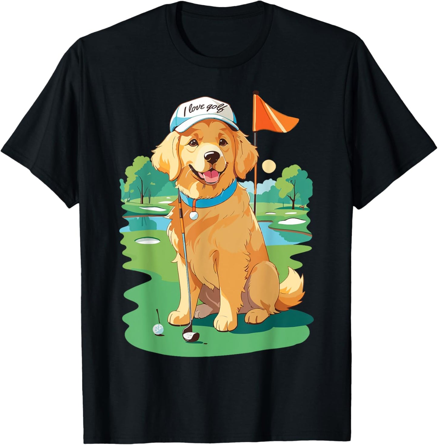 I Love Golf Golf Dog Illustration Golden Retriever T-Shirt