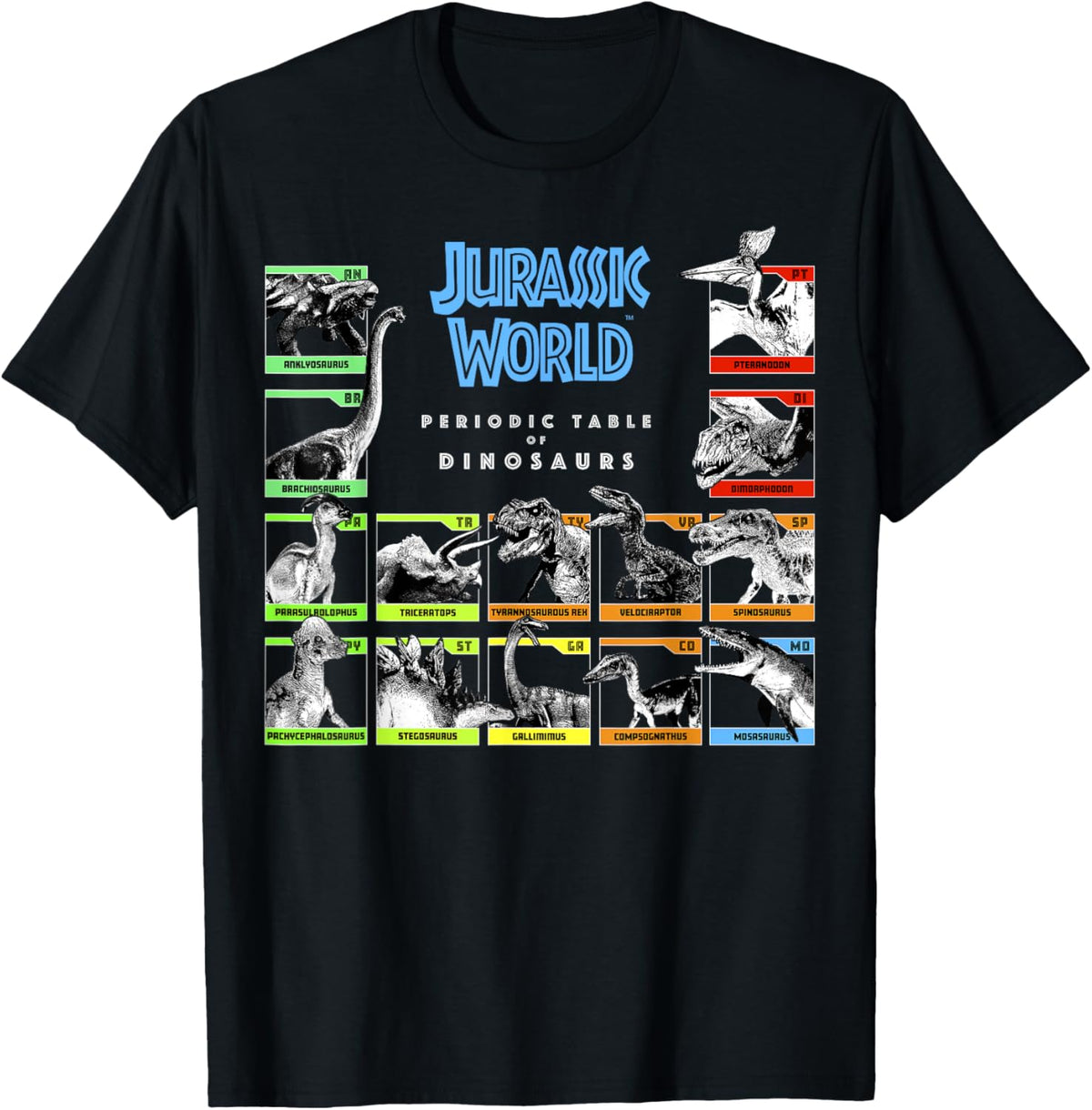 Jurassic World Classic Fit Adult Unisex T-Shirt - Periodic Table of Dinosaurs - Black - Small