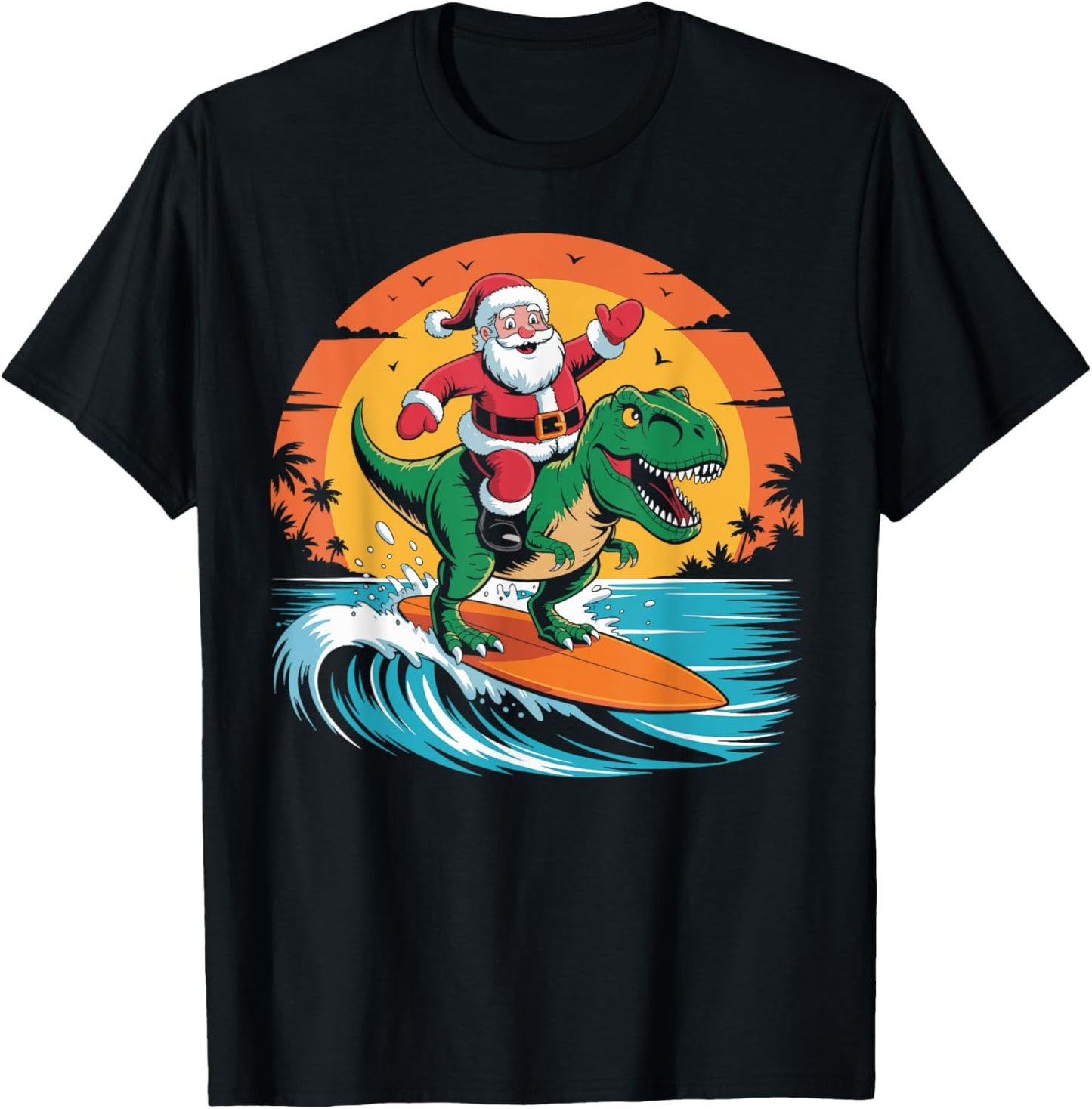 Santa Surfing dinosaur Sunset Merry Christmas In July Funny T-Shirt