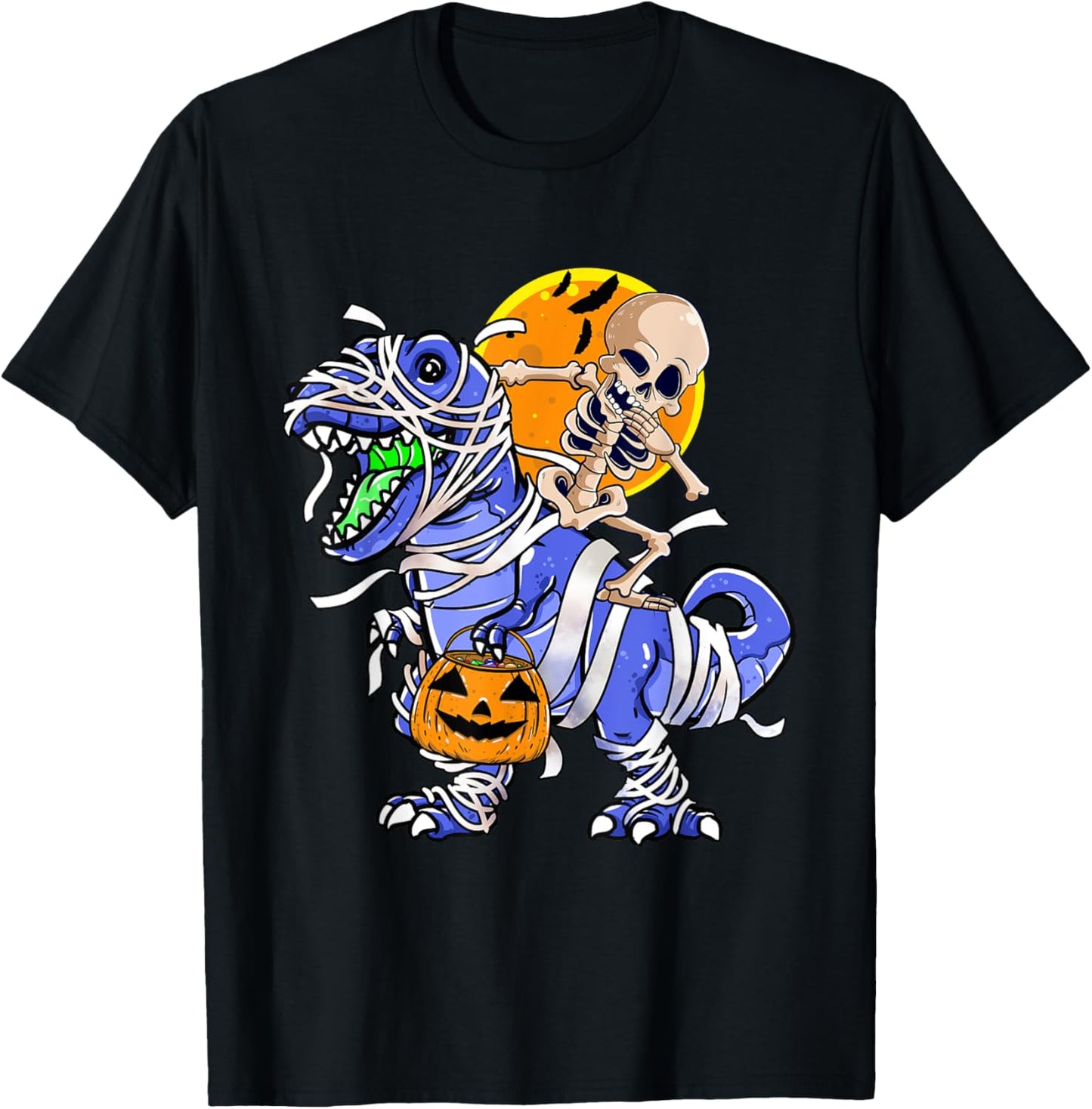 Skeleton Riding Mummy Dinosaur T rex Halloween Funny Pumpkin T-Shirt