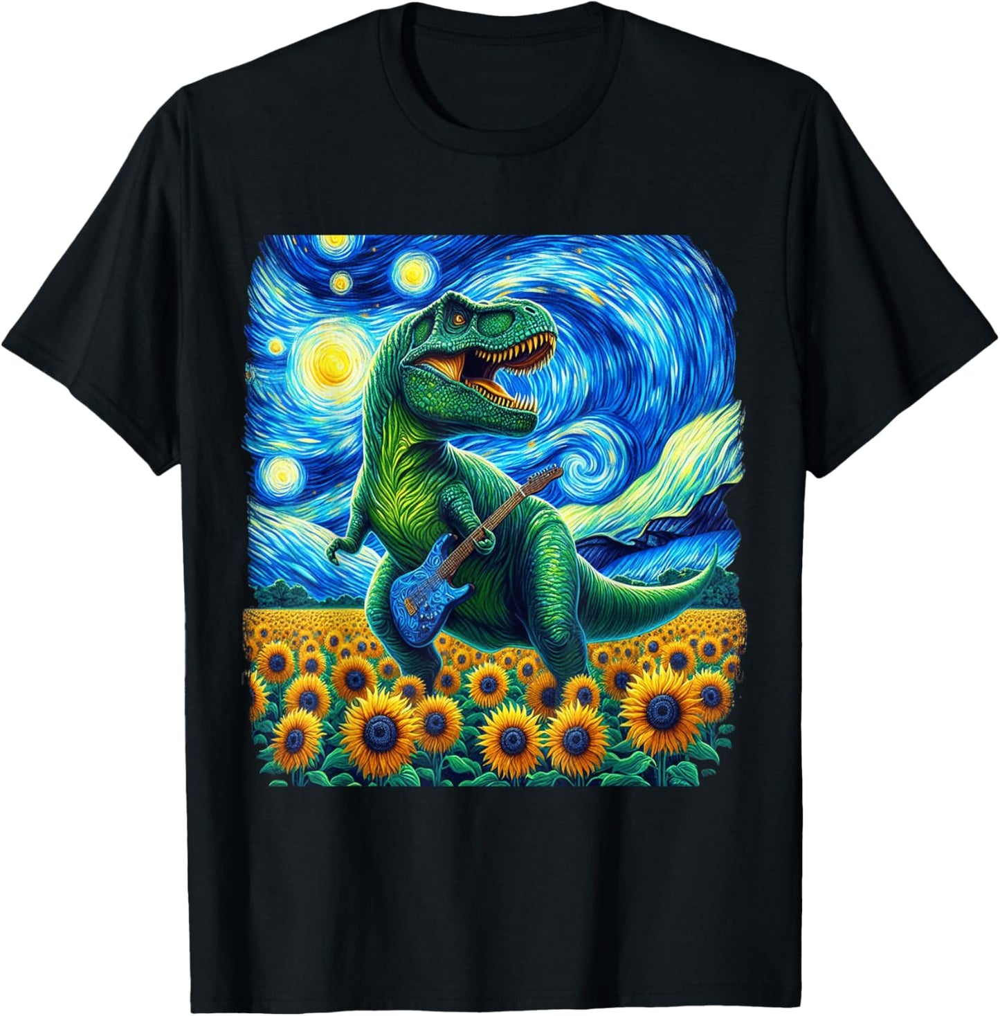 Dinosaur Starry Night Van Gogh Rock T Rex Playing Guitar T-Shirt