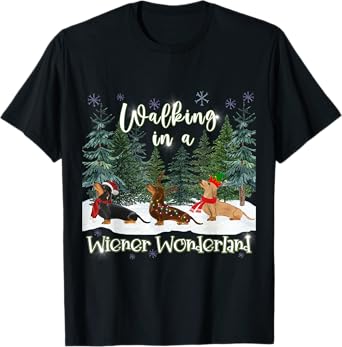 Christmas Sausage Dog Weiner Designs Unisex-Adults Winter Walking Dachshund Trio T-Shirt - Black, Small