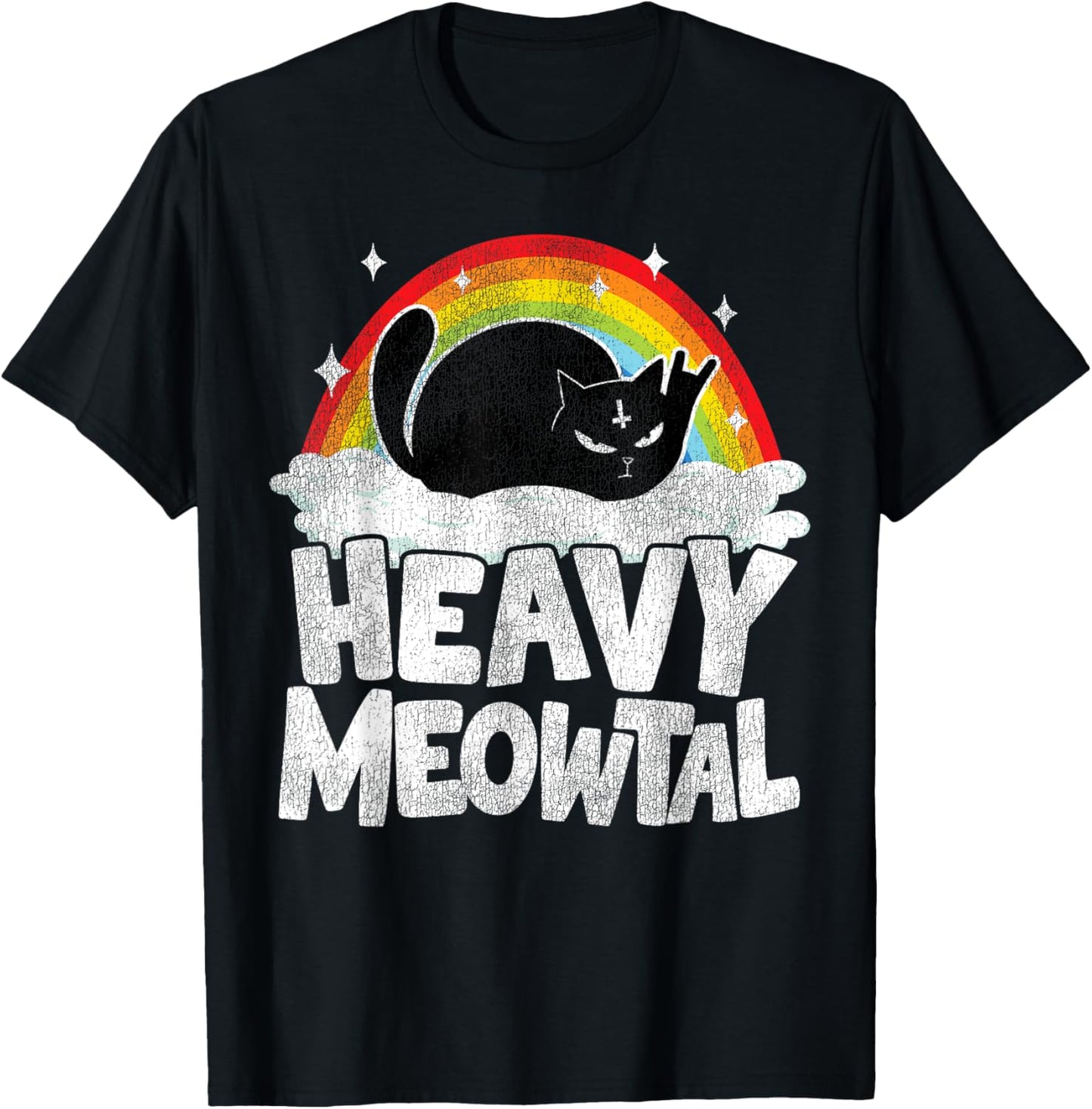 Heavy Meowtal Cat Retro Rainbow Satanic Funny Heavy Metal T-Shirt