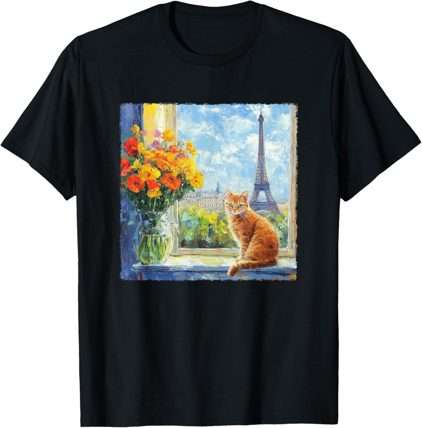 Tabby Cat Paris France Eiffel Tower Impressionist Painting T-Shirt