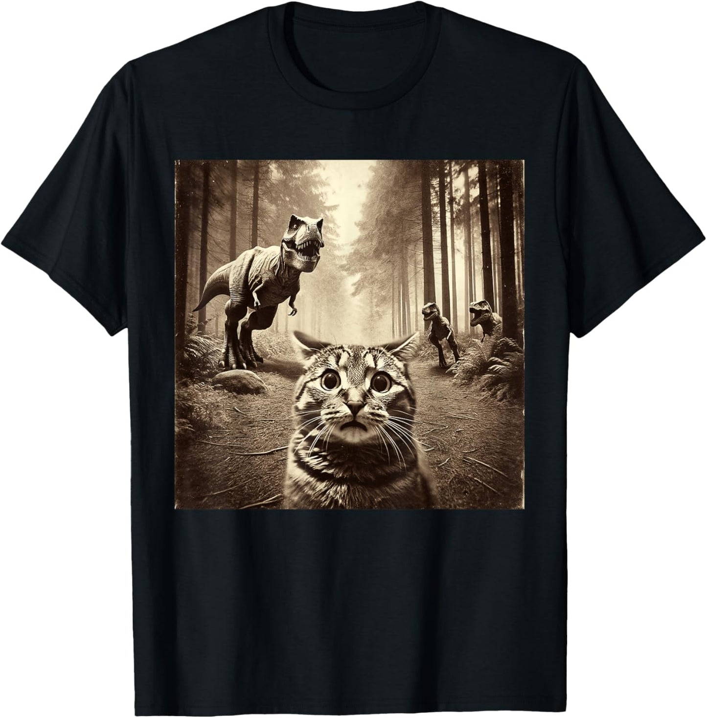 Funny Last Selfie Of Cat Before T-Rex Attack Hilarious Cat T-Shirt