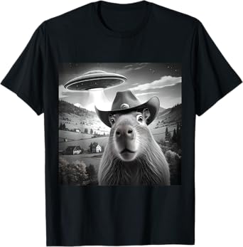Funny Capybara Selfie Wearing Cute Hat With UFOs Weird T-Shirt