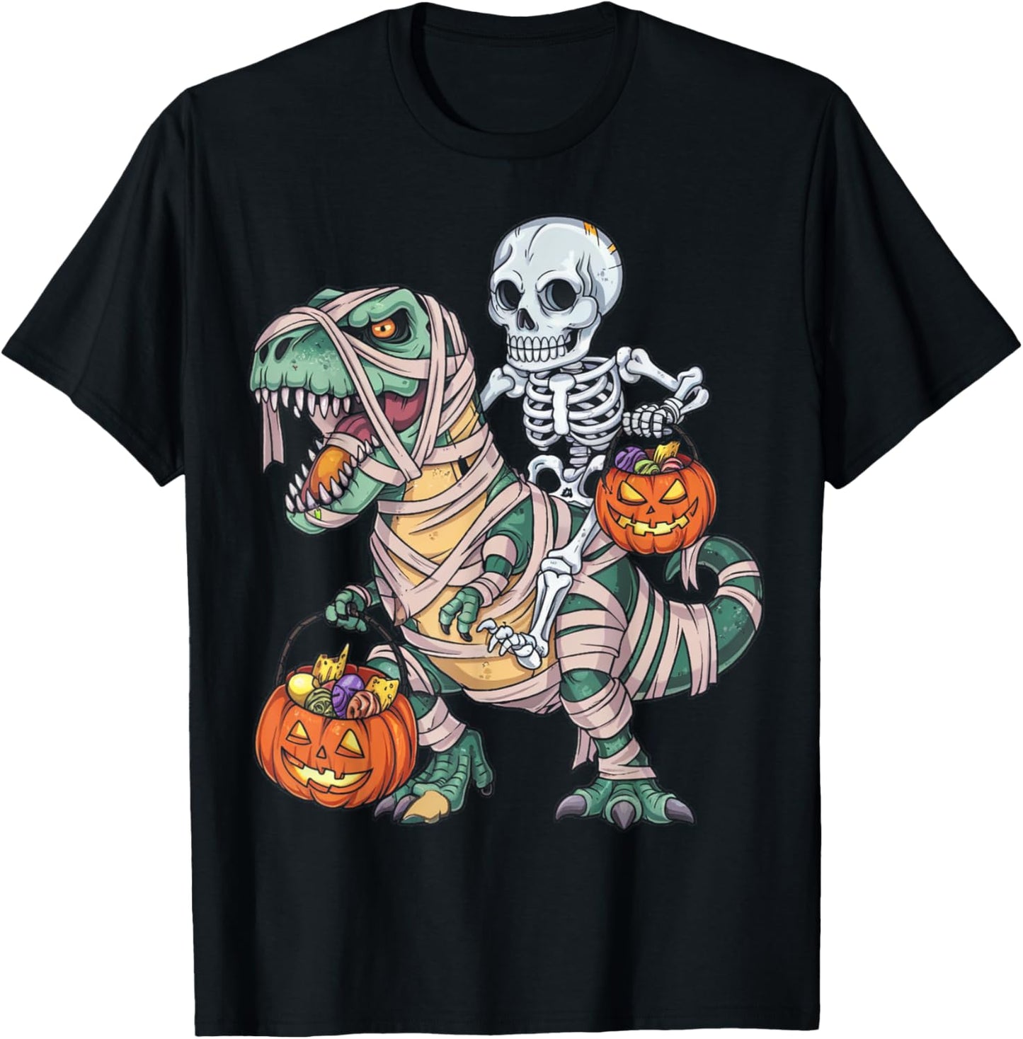 Skeleton Riding Mummy Dinosaur T rex Halloween Funny Pumpkin T-Shirt