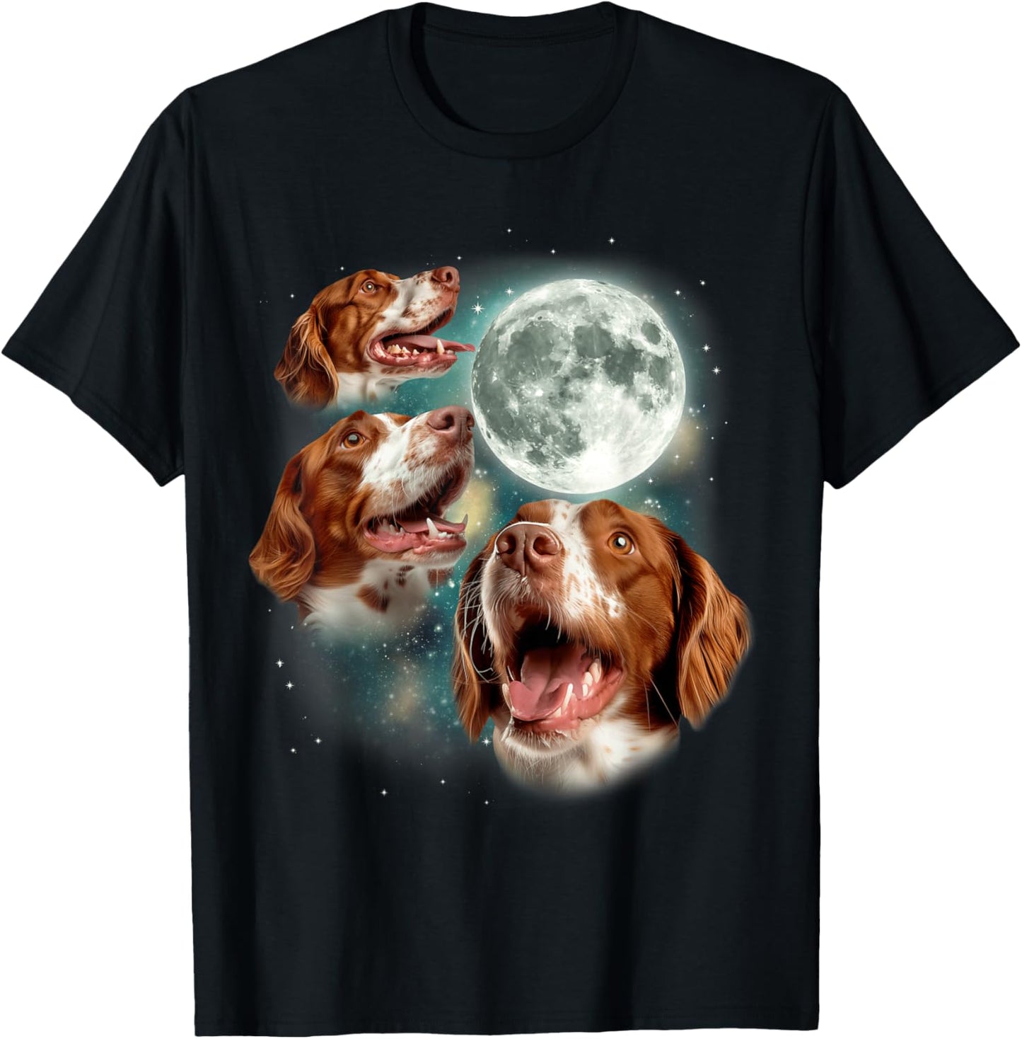 Three Brittany Spaniel Moon | 3 Spaniels Howling At Moon Dog T-Shirt