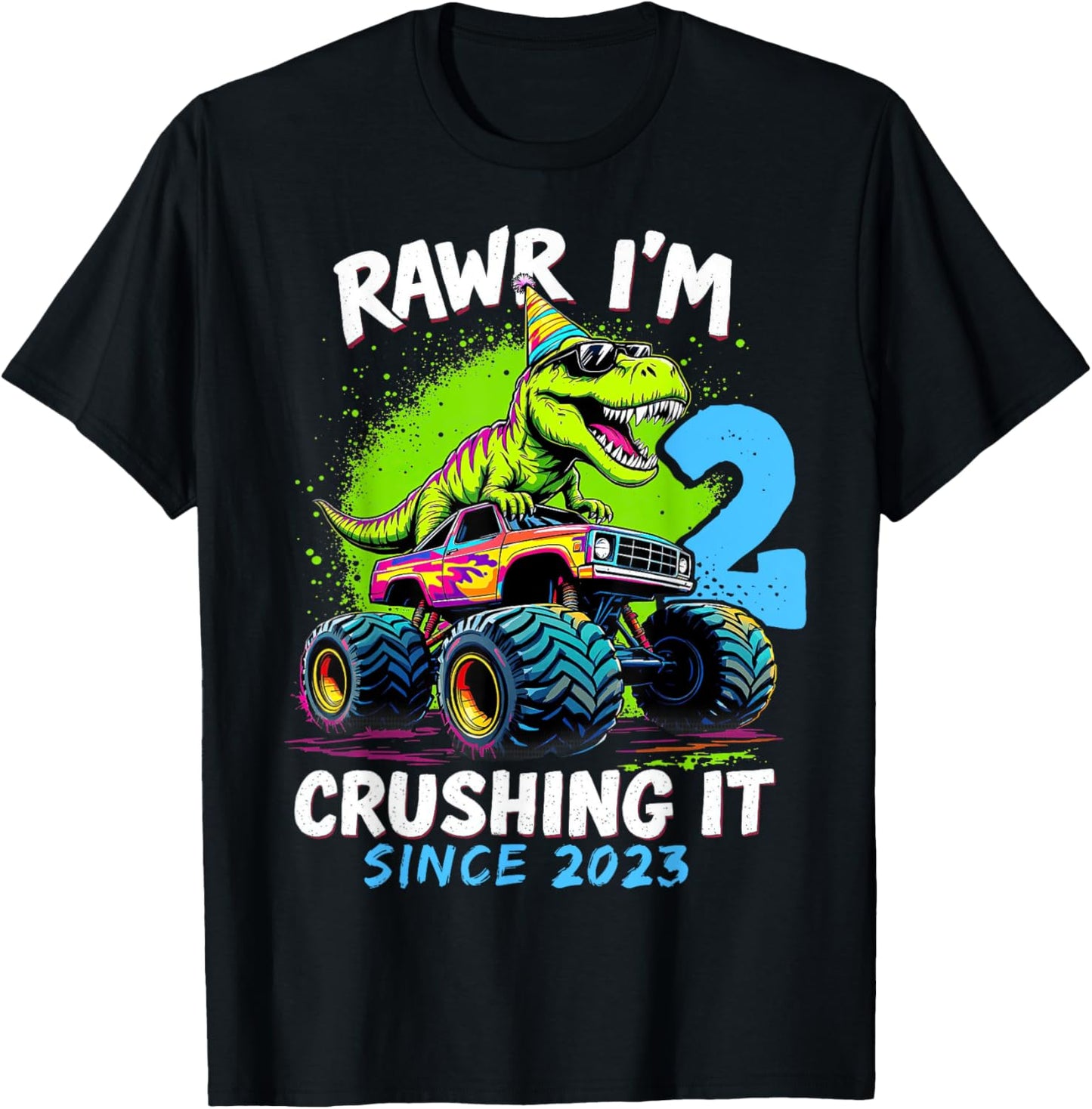2nd Birthday Monster Truck Dinosaur Party Boys Rawr I'm 2 T-Shirt