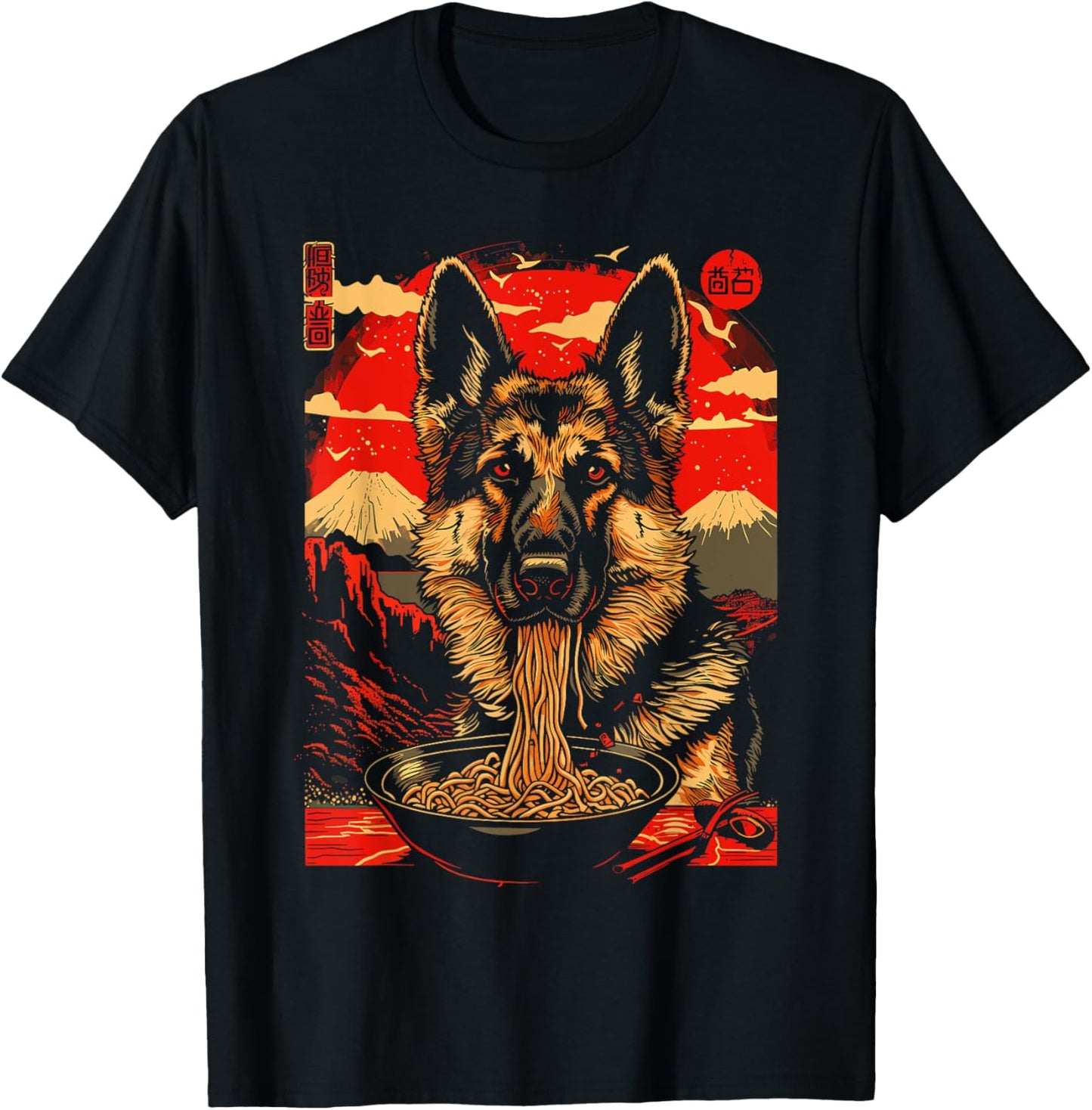 Anime Kawaii Shepherd dog Eating Ramen Noodles T-Shirt