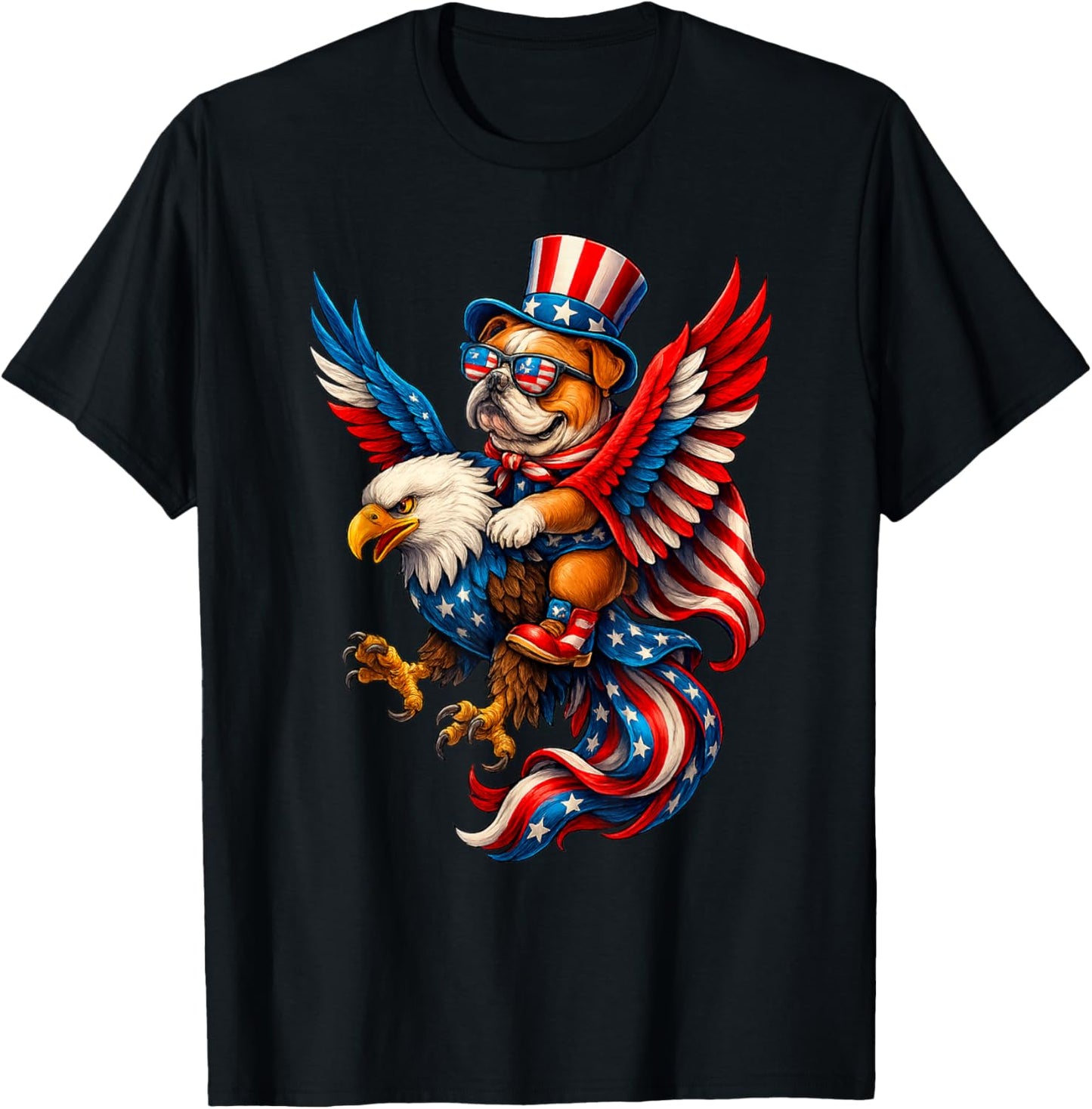 Patriotic Bulldog Riding Eagle Funny 4th of July USA Flag T-Shirt