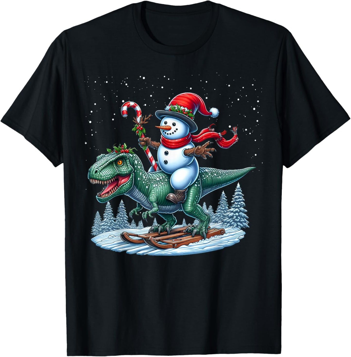 Snowman Riding Dinosaur Funny Ugly Christmas T-Rex Men Women T-Shirt
