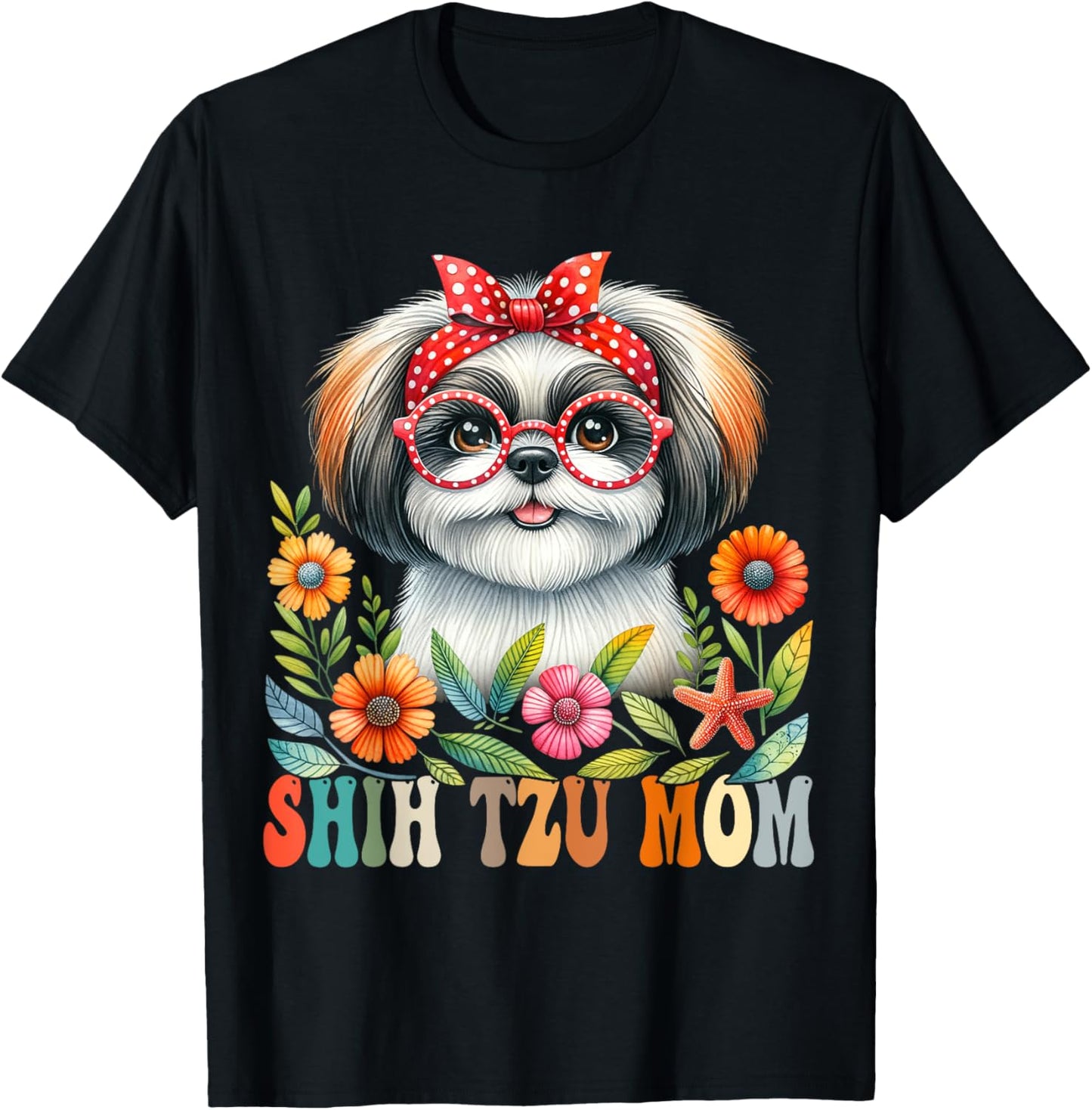 Shih Tzu Mom Dog Lover Mother's Day Retro Floral Women T-Shirt