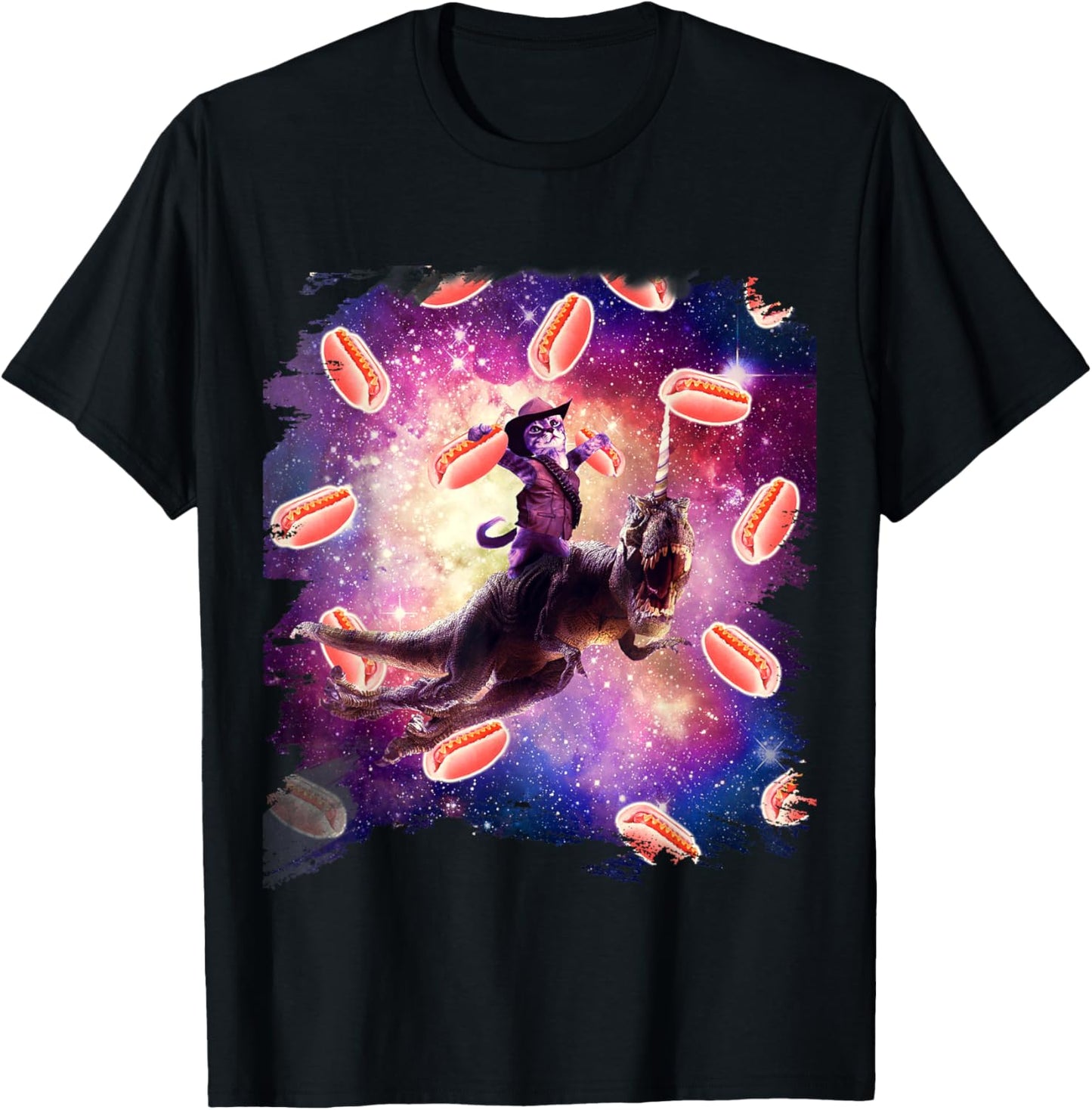Cowboy Space Cat On Dinosaur Unicorn - Hotdog T-Shirt