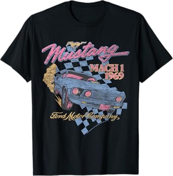 Ford - Blue Mustang Mach 1 1969 Checkered Background T-Shirt