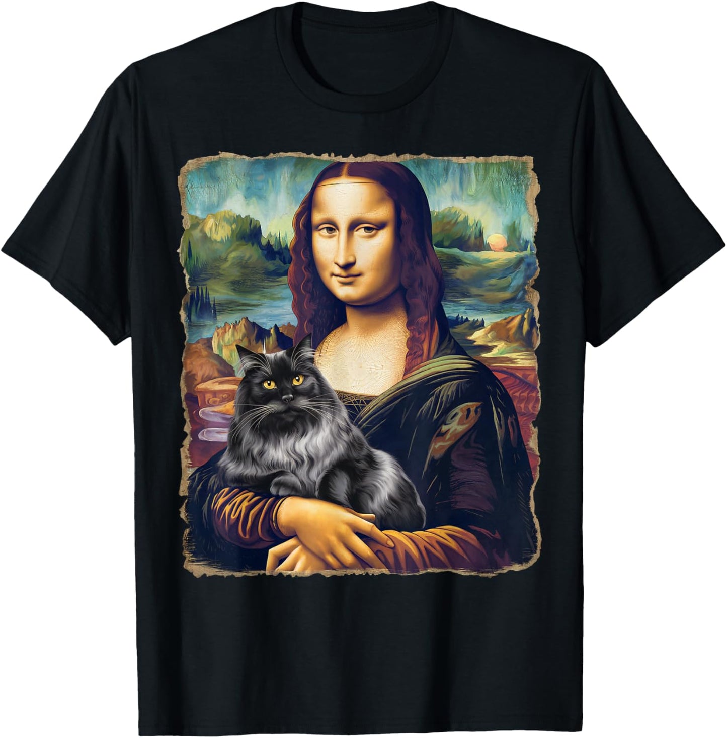 Mona Lisa Cat Art Funny T-Shirt for Cat Lovers, Unisex-Adults, Kids, Black, Small, Short Sleeve, T-Shirt