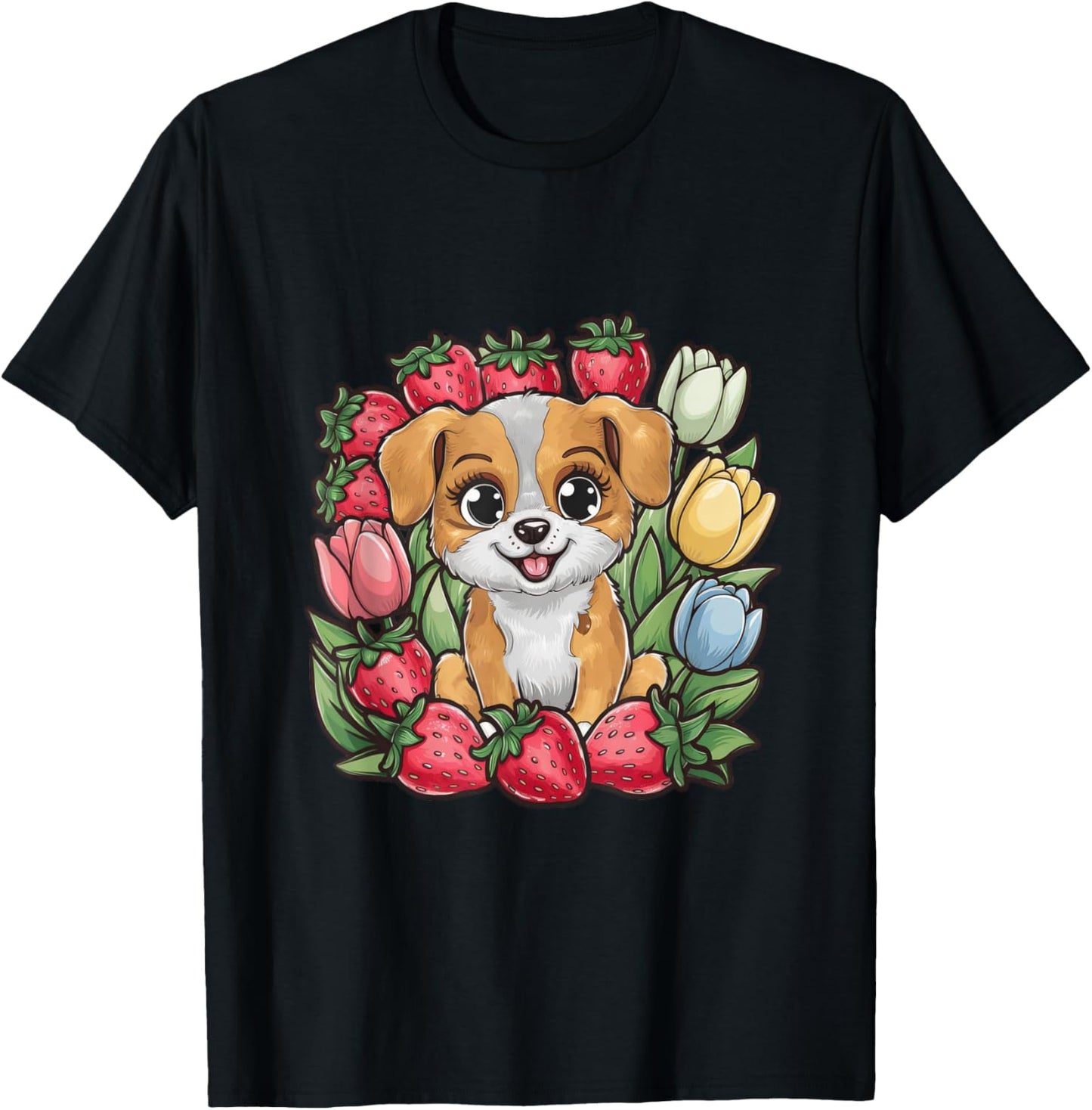 Kawaii cartoon dog with strawberries and tulips T-Shirt