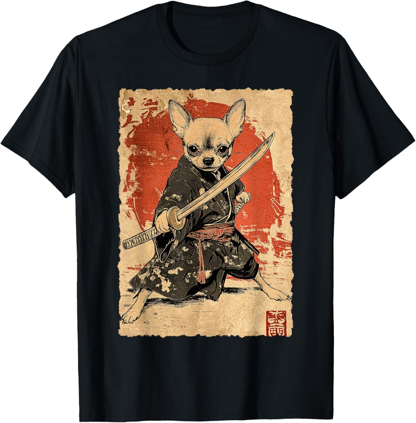 Vintage Japanese Art Chihuahua Ninja Samurai Warrior Katana T-Shirt