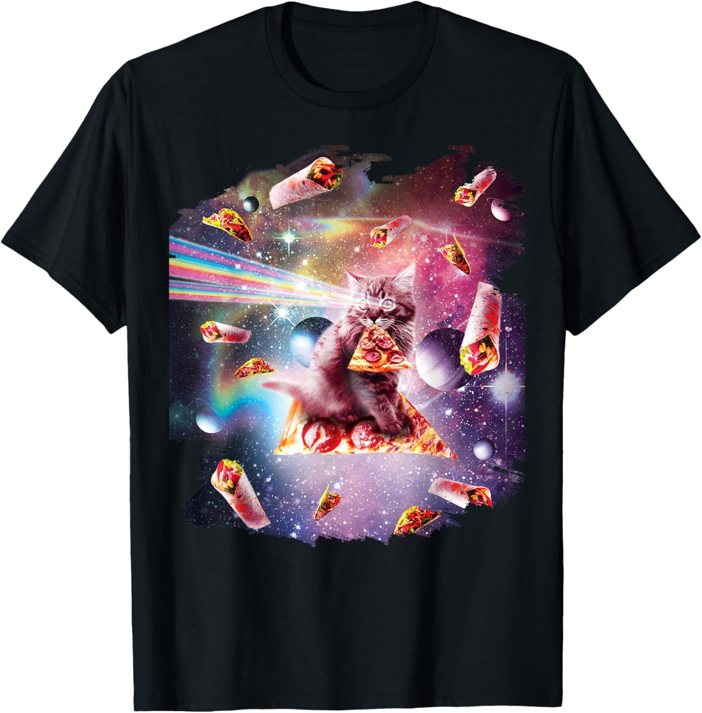 Outer Space Pizza Cat - Rainbow Laser, Taco, Burrito T-Shirt