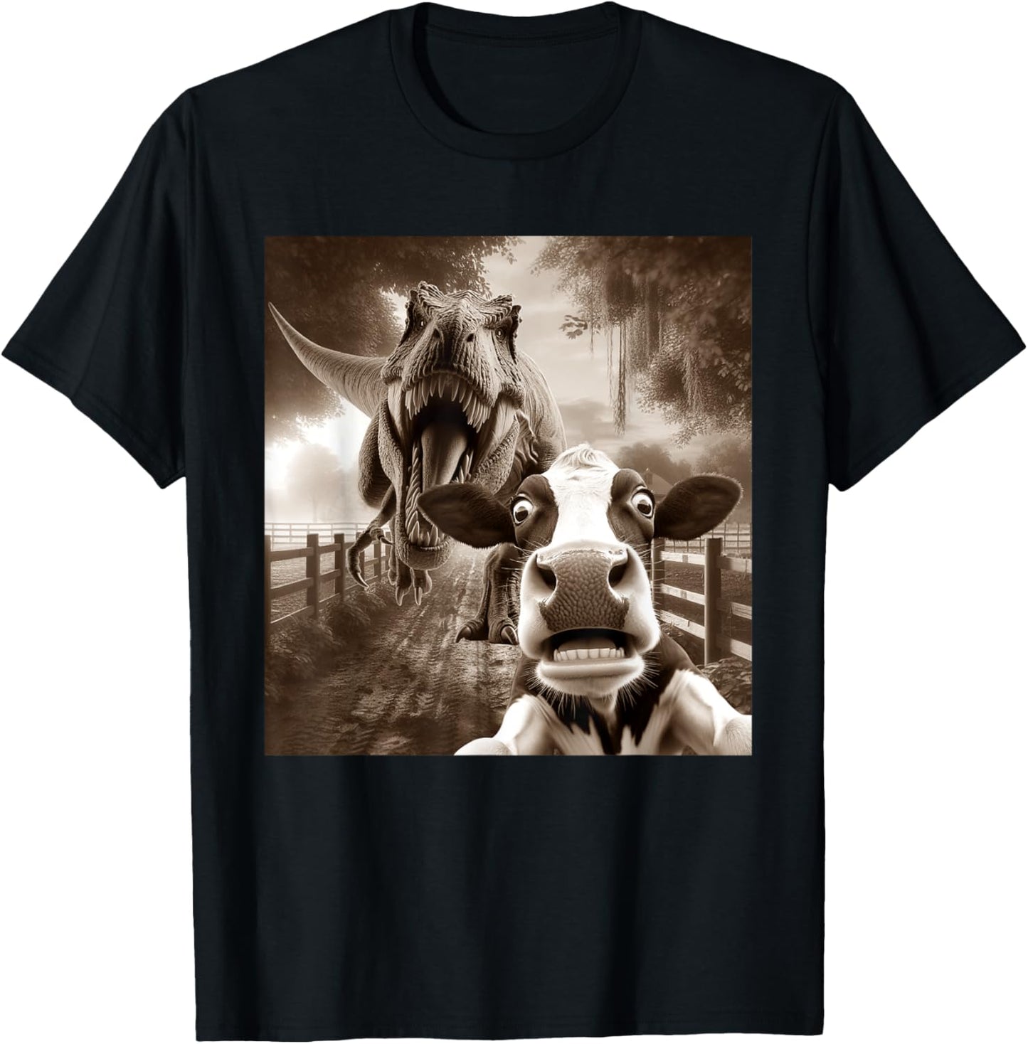 Funny Cow Cattle Selfie With T-rex Tyrannosaurus Dinosaur T-Shirt