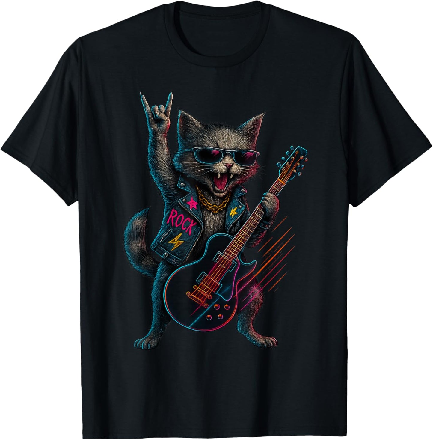 Retro Cat Rock Music Gifts Men Kids Women Funny Cat Guitar T-Shirt