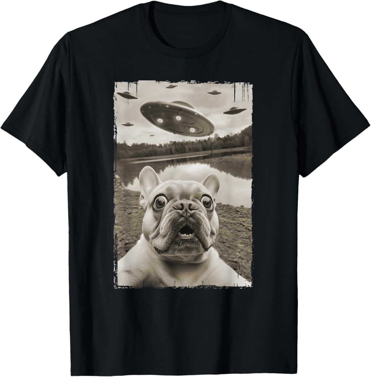 French Bulldog and UFO - Funny UFO and French Bulldog Selfie T-Shirt