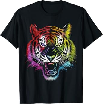 Vivid Colorful Roar Fierce Rainbow Tiger Head Art Design T-Shirt