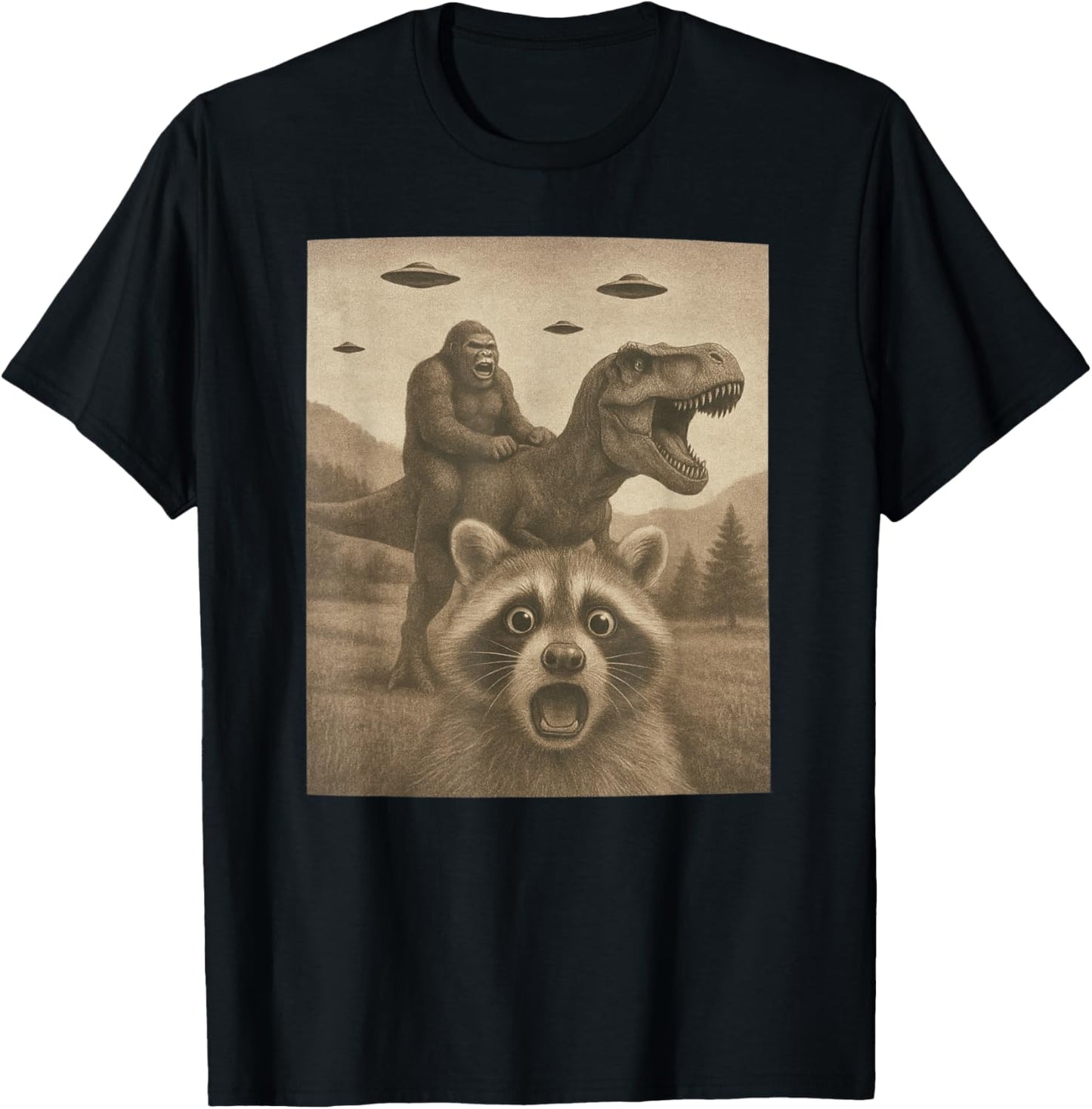 Funny Racoon Selfie Bigfoot Riding T rex UFO Bigfoot T-Shirt