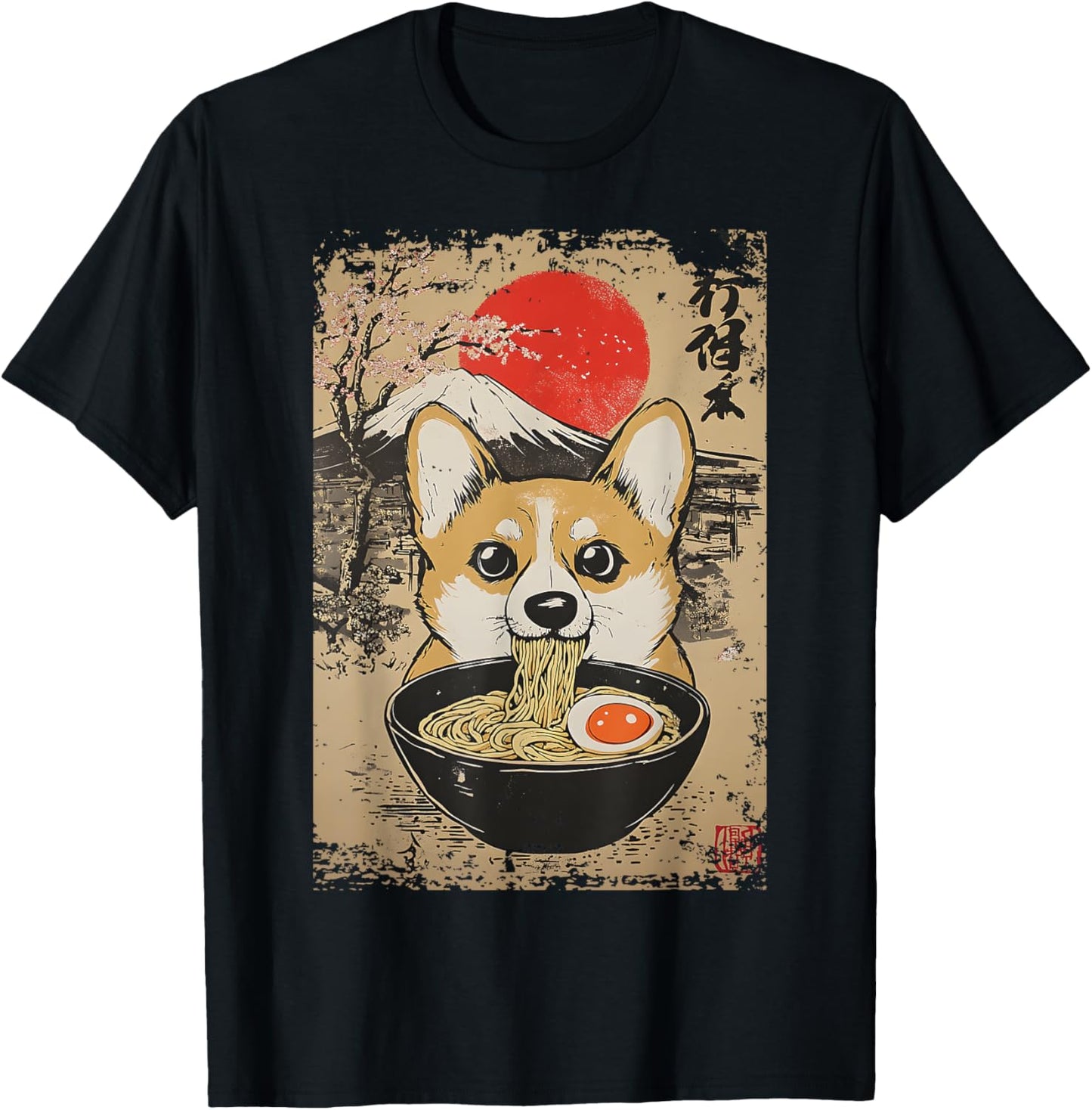 Corgi Ramen Slurp Sakura Mt Fuji Kawaii Pup Retro Japan Fun T-Shirt