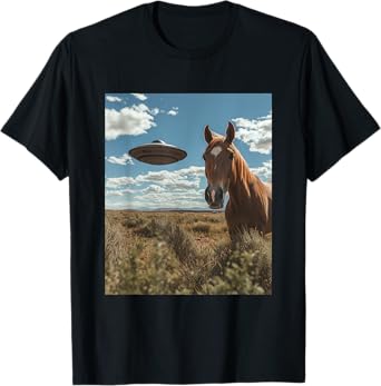 Horse Selfie with UFOs Aliens Funny Graphic T-Shirt