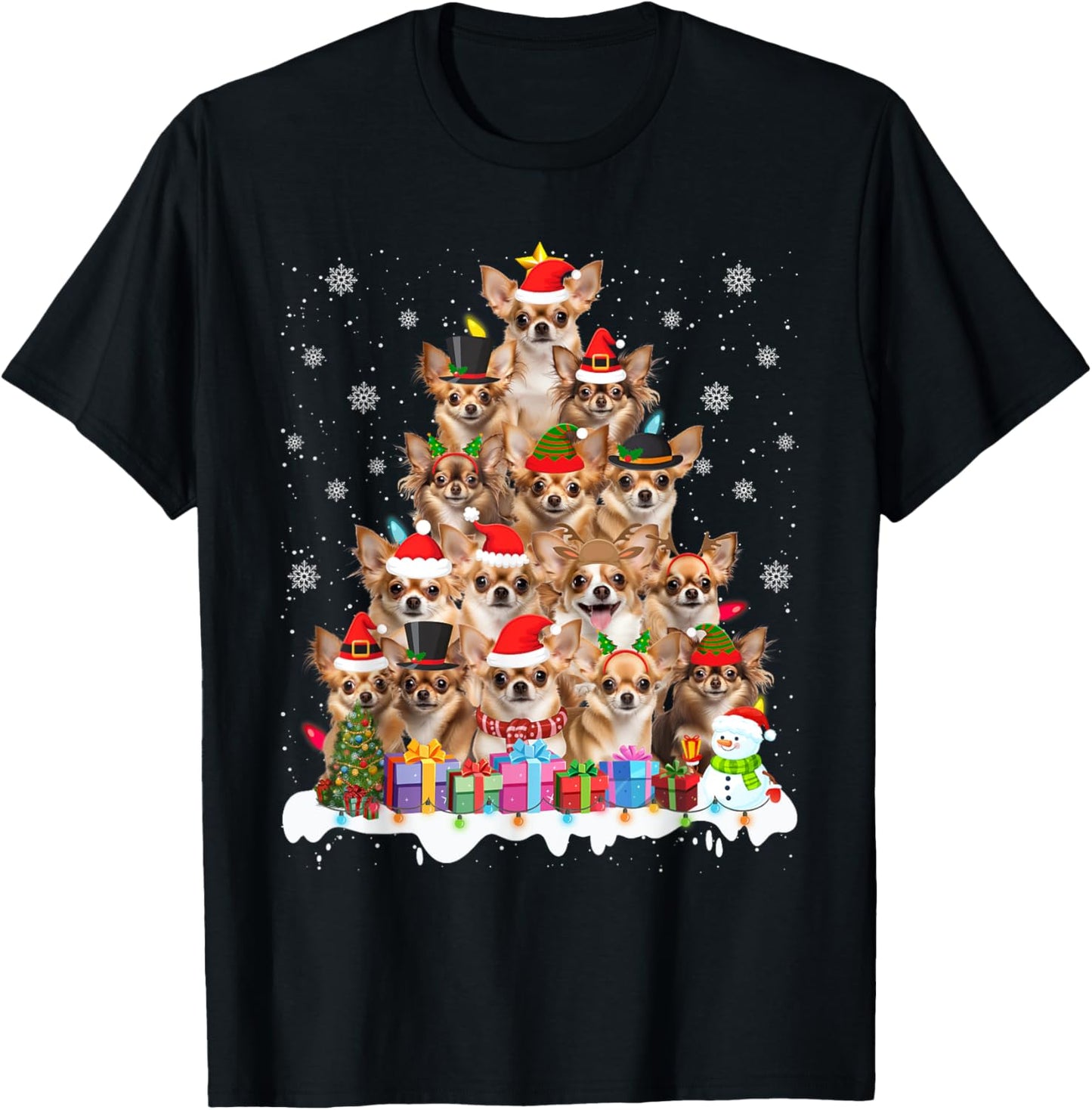 Funny Chihuahua Dog Christmas Tree Pajamas T-Shirt for Dog Lovers, Puppy Lovers, Unisex-Adults, Black, Small, Short Sleeve