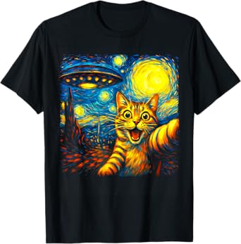 Cat Selfie With Alien UFO Funny Starry Night Van Gogh T-Shirt