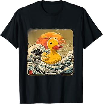 Rubber Duck Great Wave Ocean Sunset Drawing Rubber Duckling T-Shirt